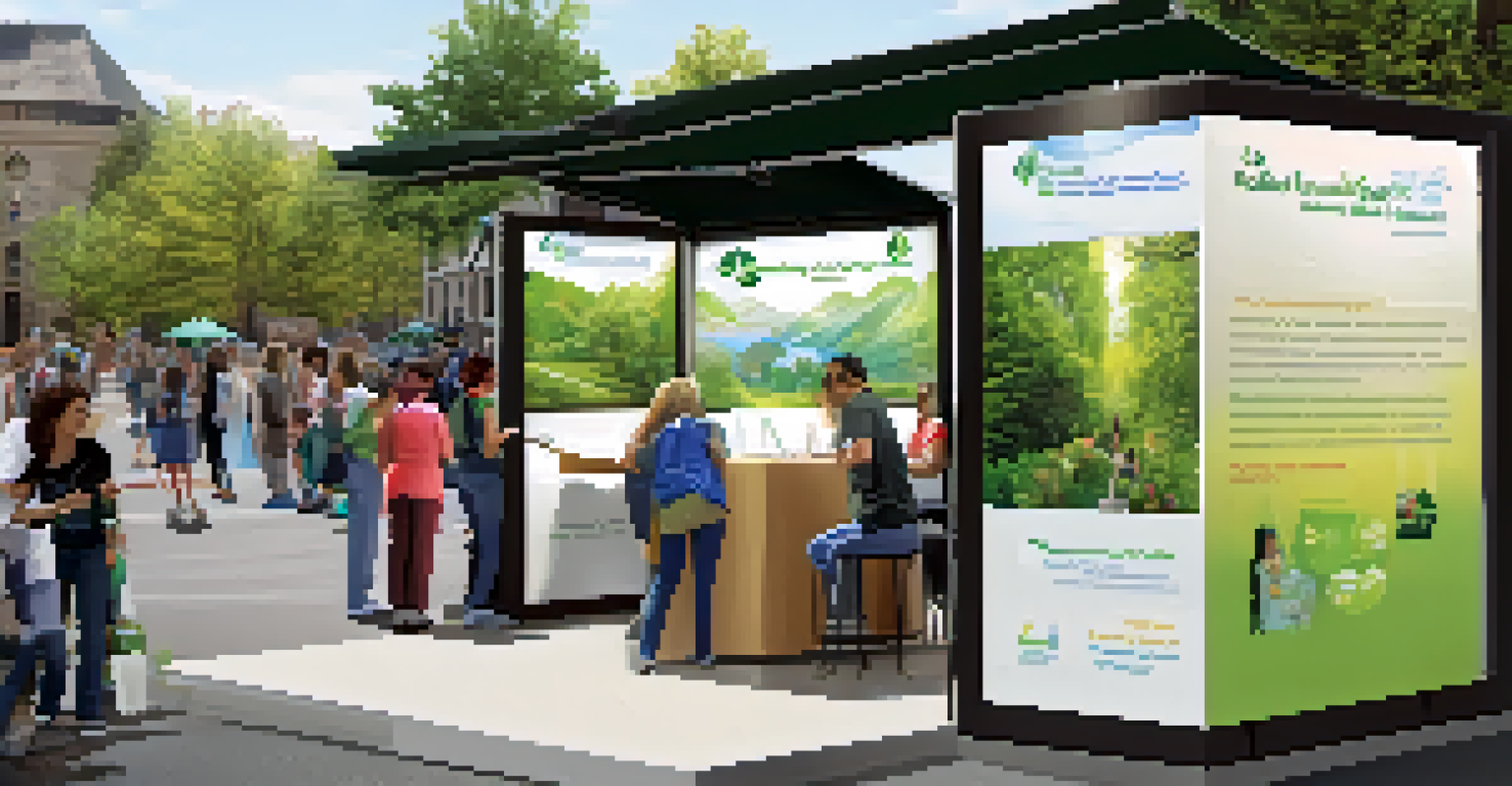 A close-up view of a needle exchange program booth with clean needles and educational materials, set in a public space.