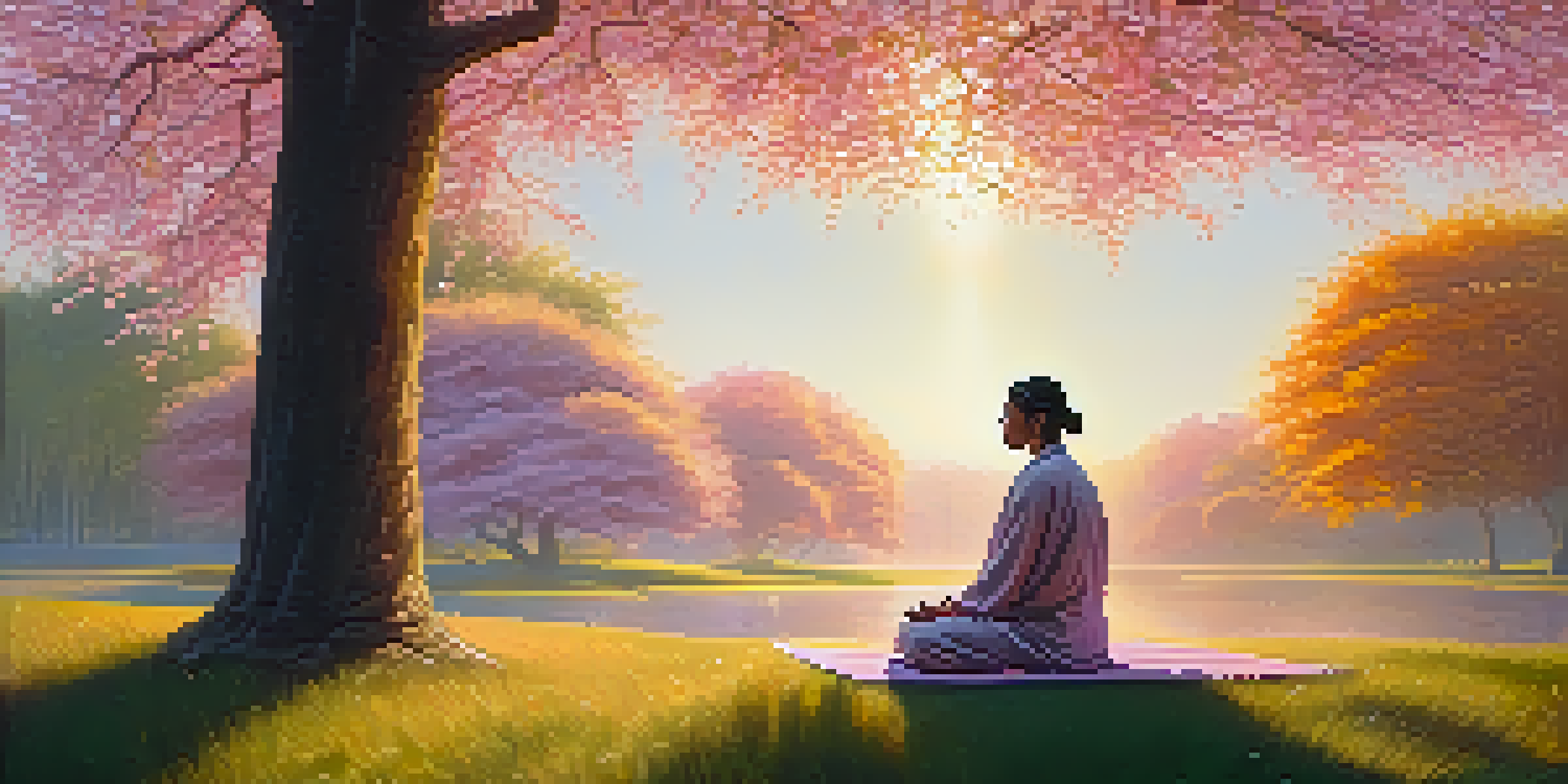 A person meditating in a lush park at sunrise, surrounded by flowers and trees.
