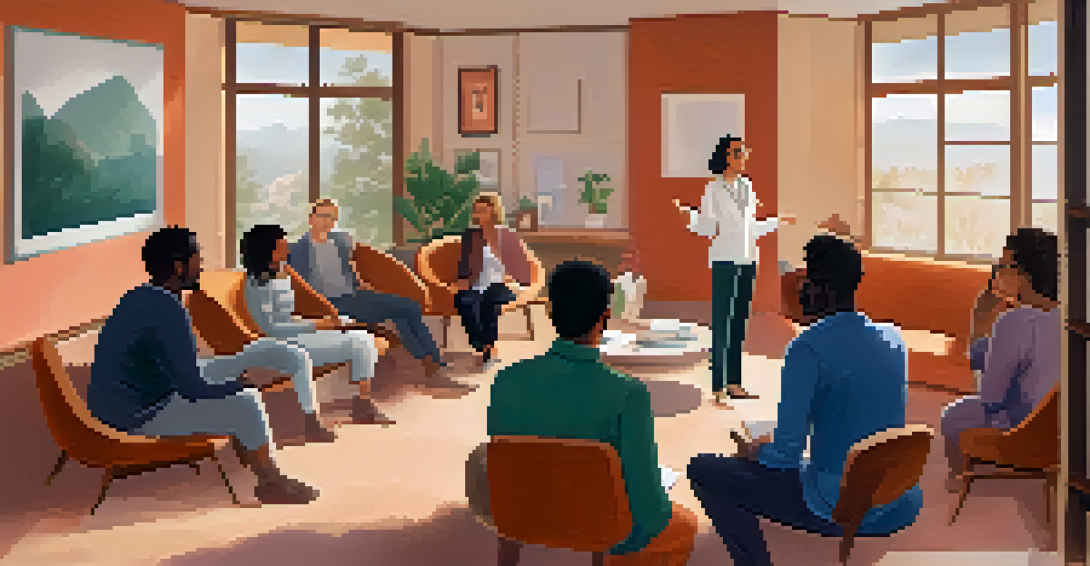 A therapist guiding a group discussion, with participants sharing their stories in a cozy, nurturing environment filled with books and cushions.
