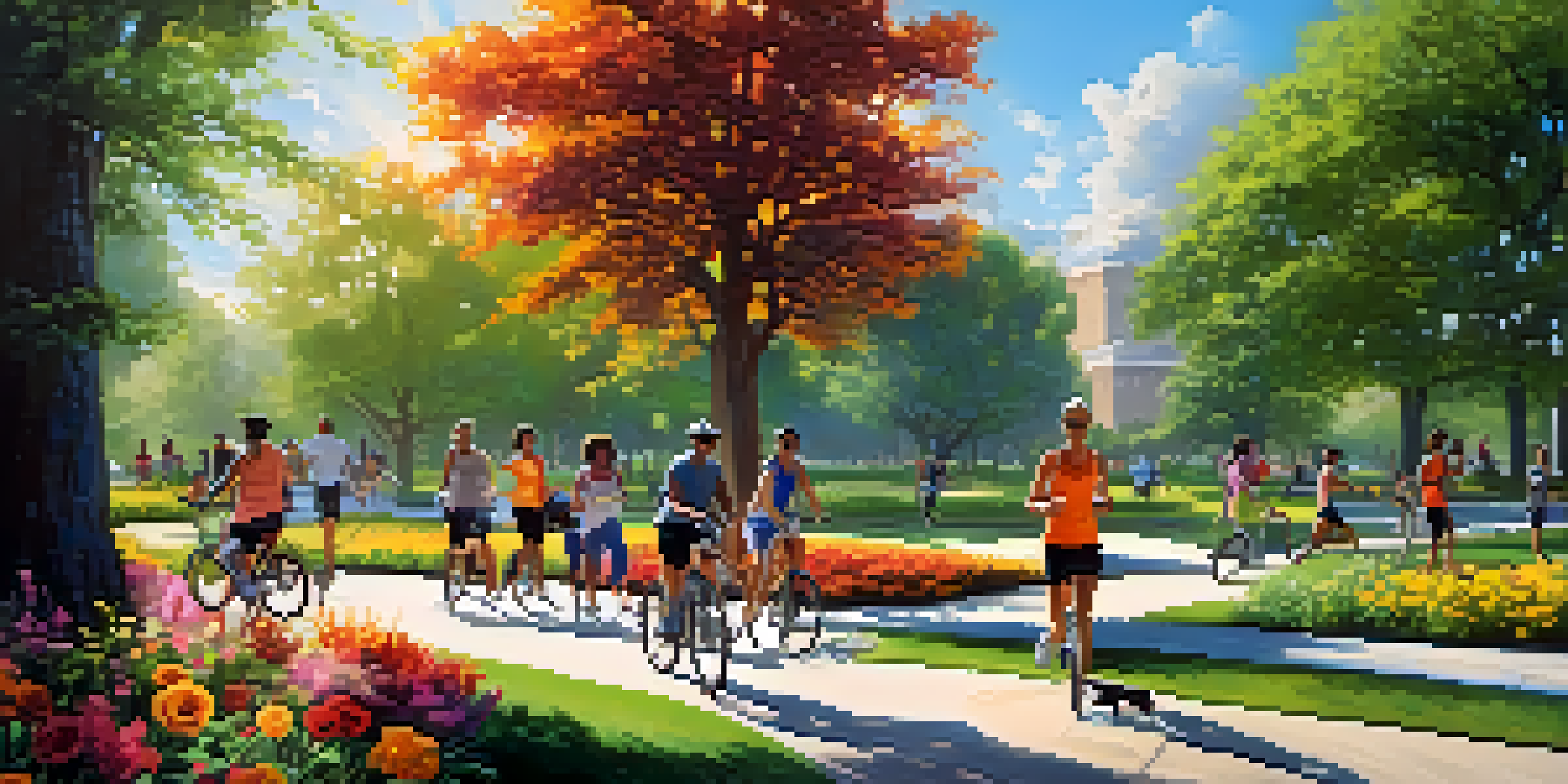 A vibrant urban park with diverse individuals exercising including jogging, yoga, and cycling under a sunny sky.