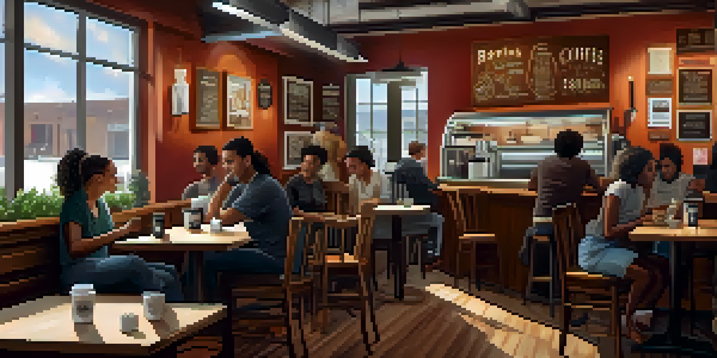A warm and inviting coffee shop where diverse individuals are having supportive conversations about recovery, with inspirational quotes on the walls.