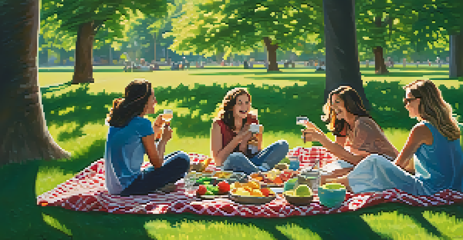 A group of friends having a joyful picnic in a sunny park, surrounded by colorful blankets and blooming flowers.