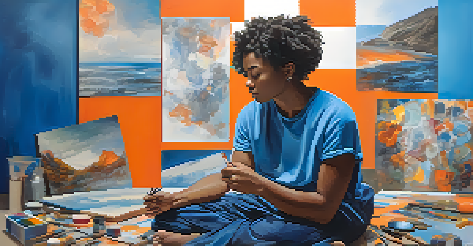 A person painting a self-portrait that reflects their journey of recovery, with abstract elements in the background.
