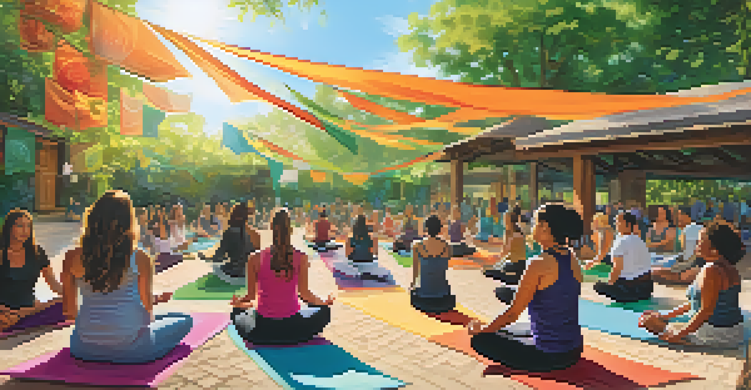 A lively outdoor wellness workshop with diverse participants practicing yoga and art therapy, surrounded by greenery and sunlight.