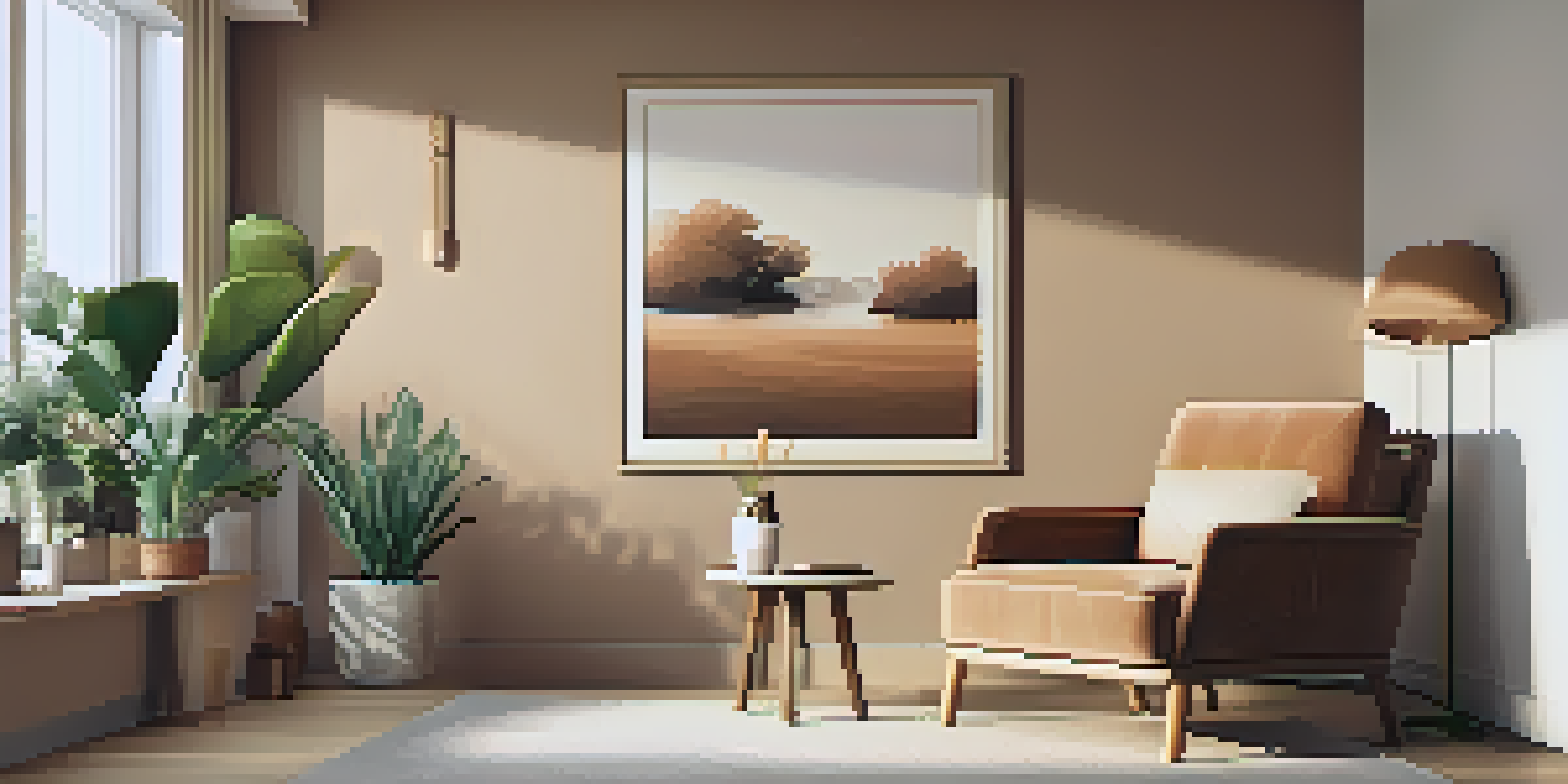 A peaceful therapy room with soft lighting, a comfortable armchair, and calming artwork, designed for mental health discussions.