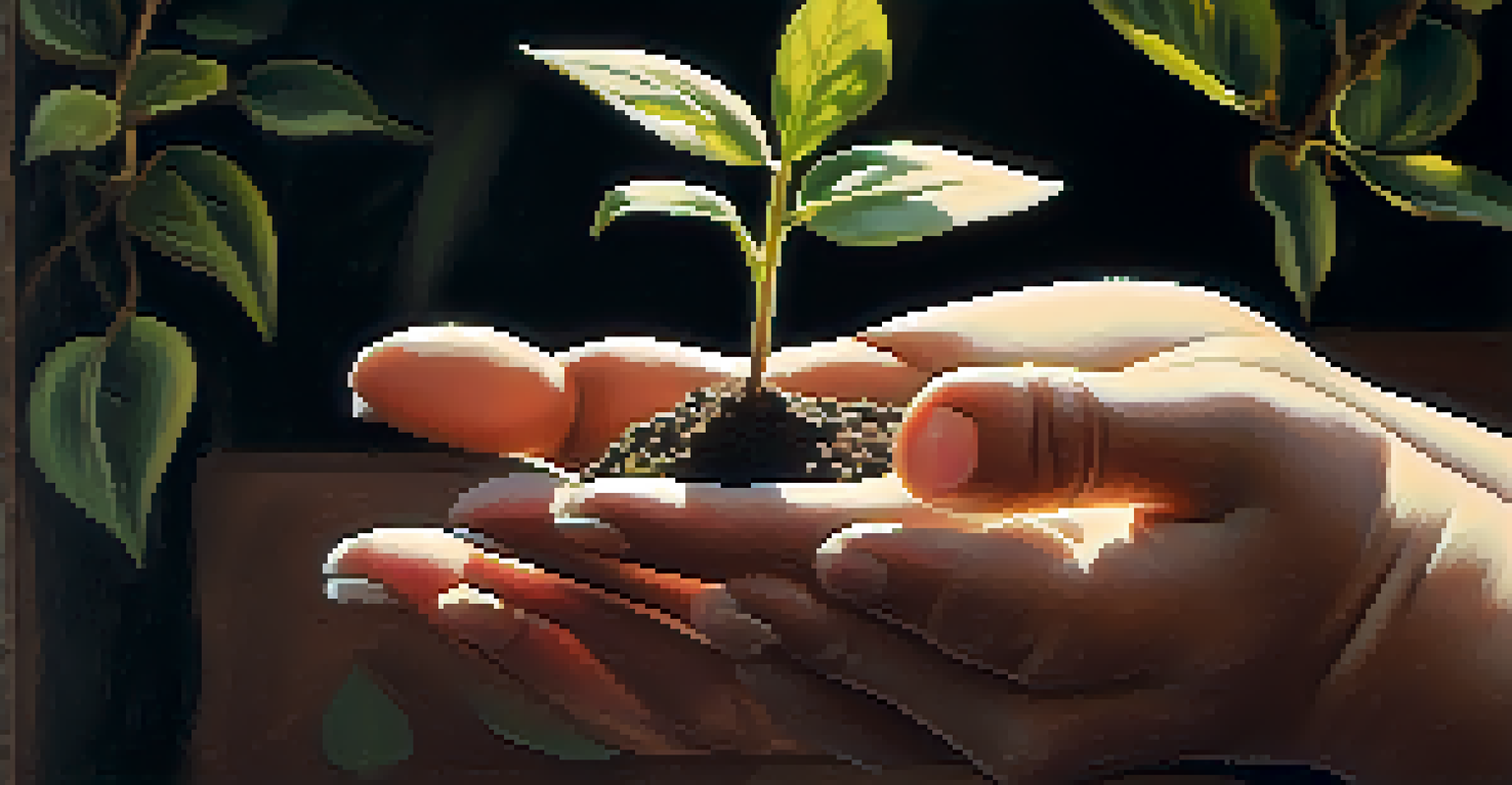 Hands holding a small plant in a softly lit background, representing growth and new beginnings.
