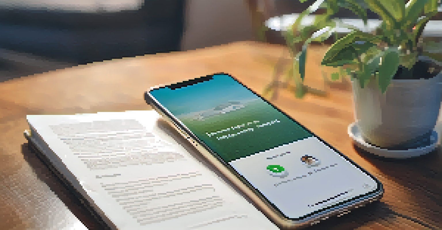 A close-up of a hand holding a phone showing an insurance app, with a cozy living room in the background.