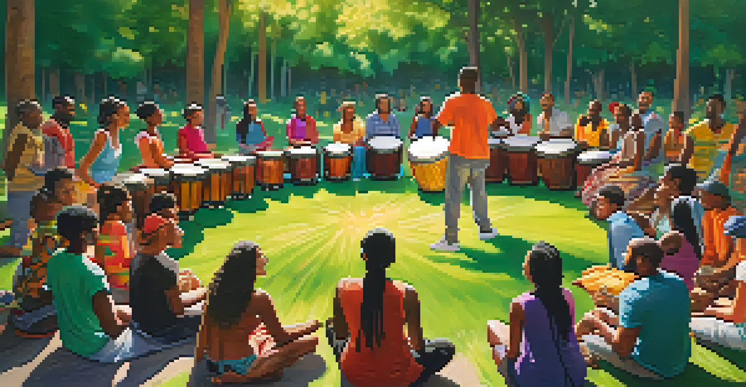 A diverse group of individuals in a drum circle, playing drums and expressing joy in a sunny park setting.