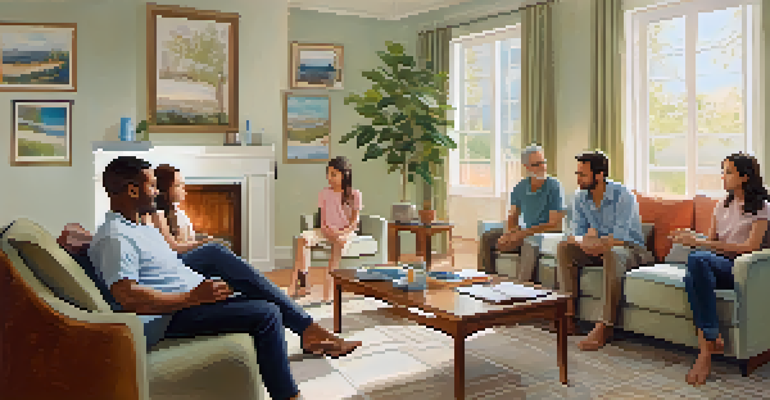 A family therapy session with a therapist and a family of four discussing their feelings in a calm environment.
