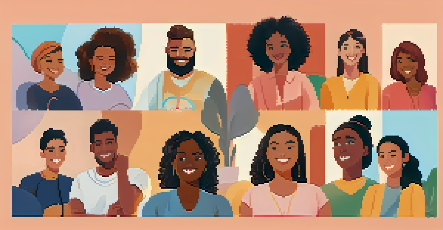 A virtual support group with diverse individuals smiling and sharing experiences on a video call.