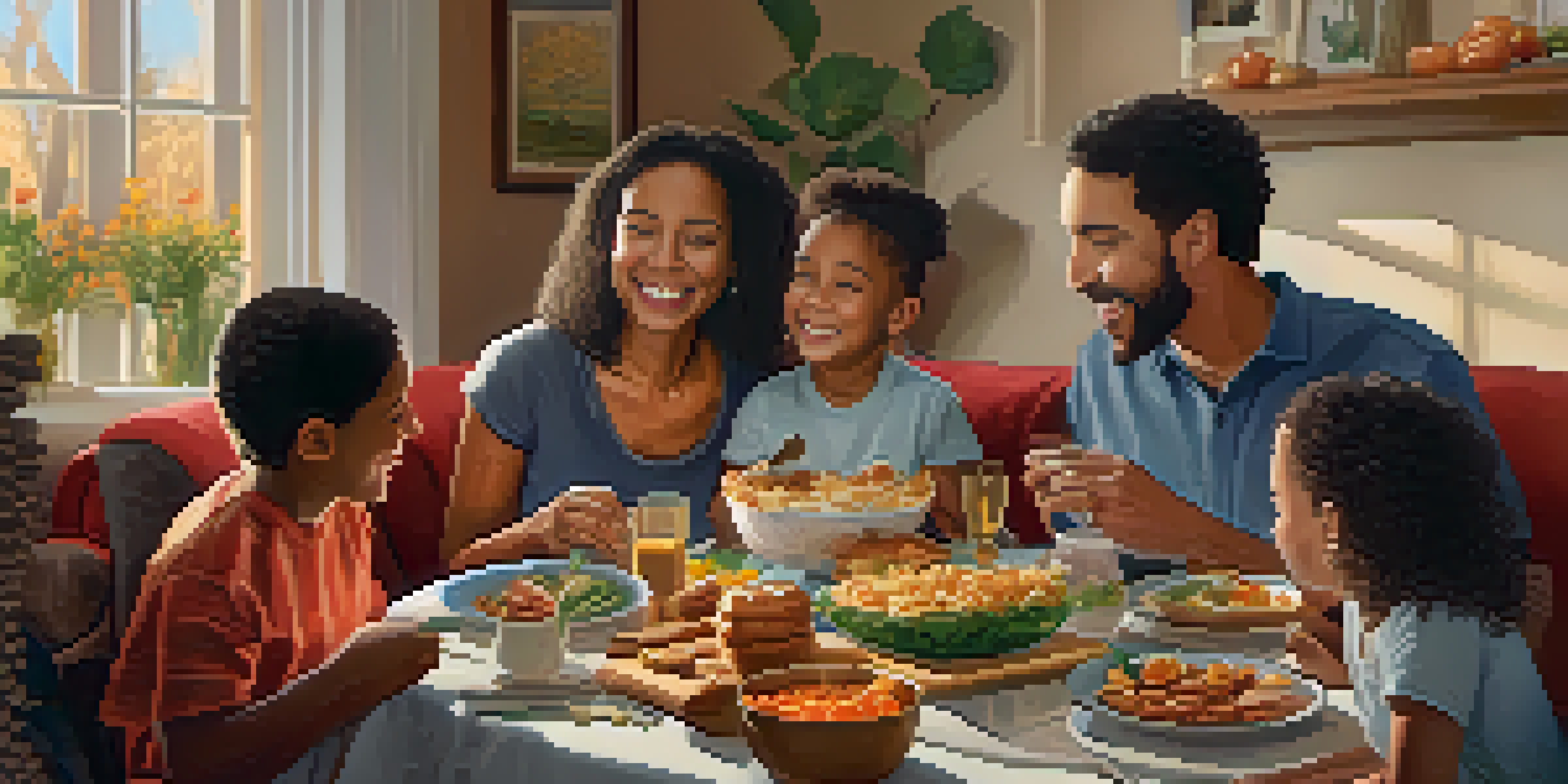 A diverse family enjoying a meal together in a warmly lit living room, celebrating their bond and support.