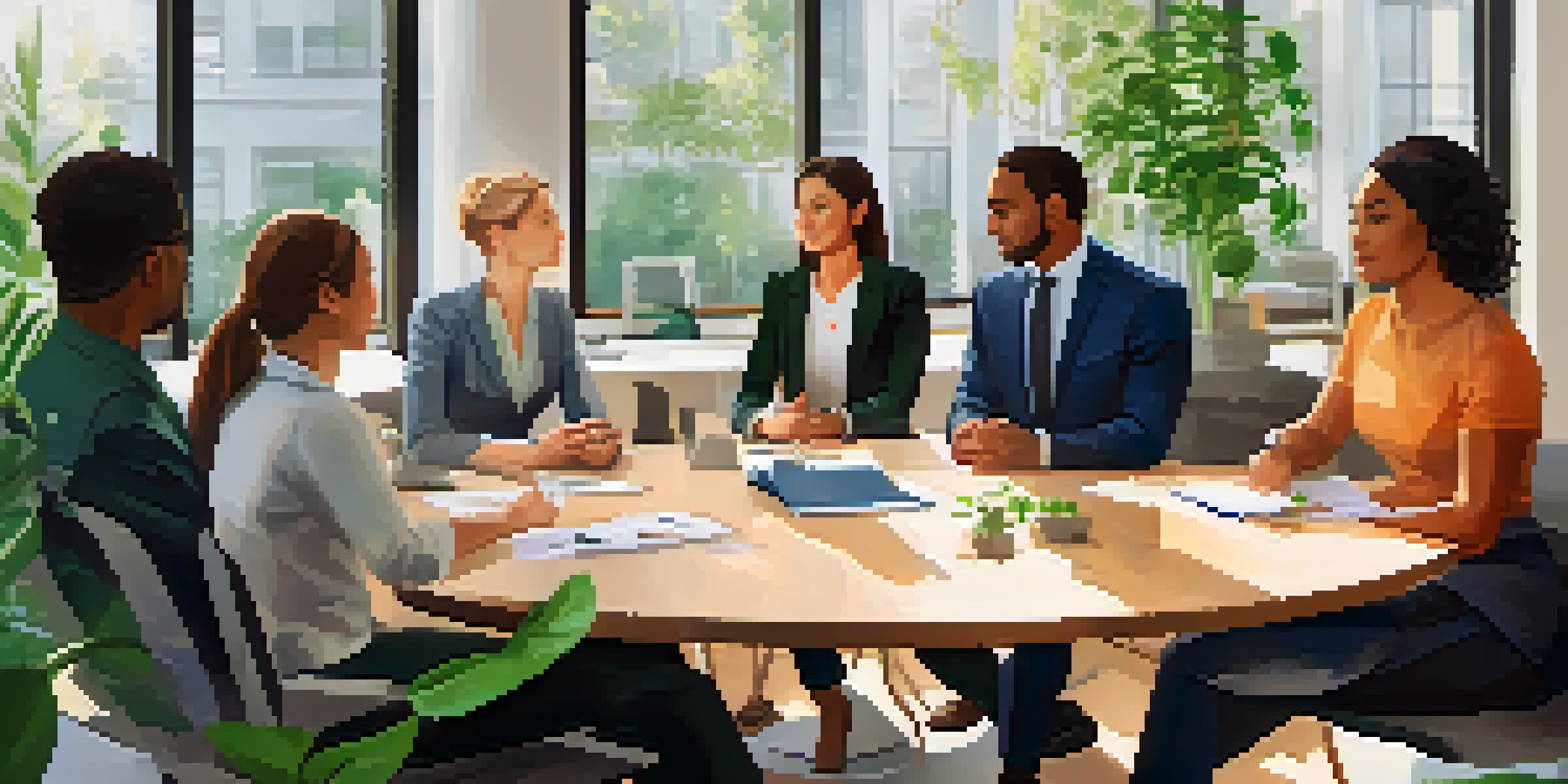 A diverse group of employees in a bright office setting, engaging in a supportive team meeting about mental health.
