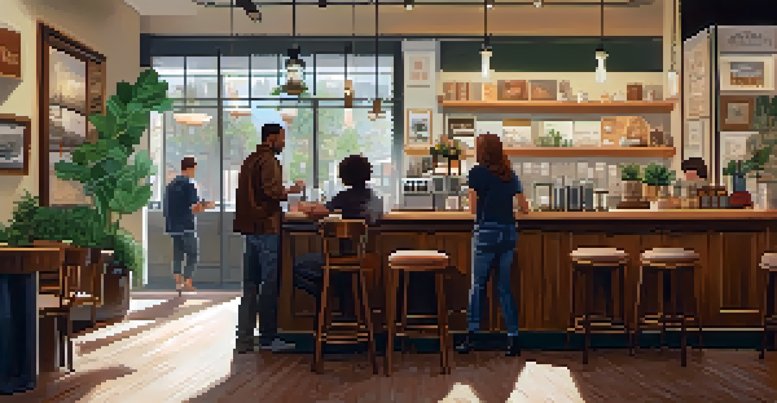 A cozy coffee shop with warm lighting, wooden tables, a barista making coffee, and friends chatting together.