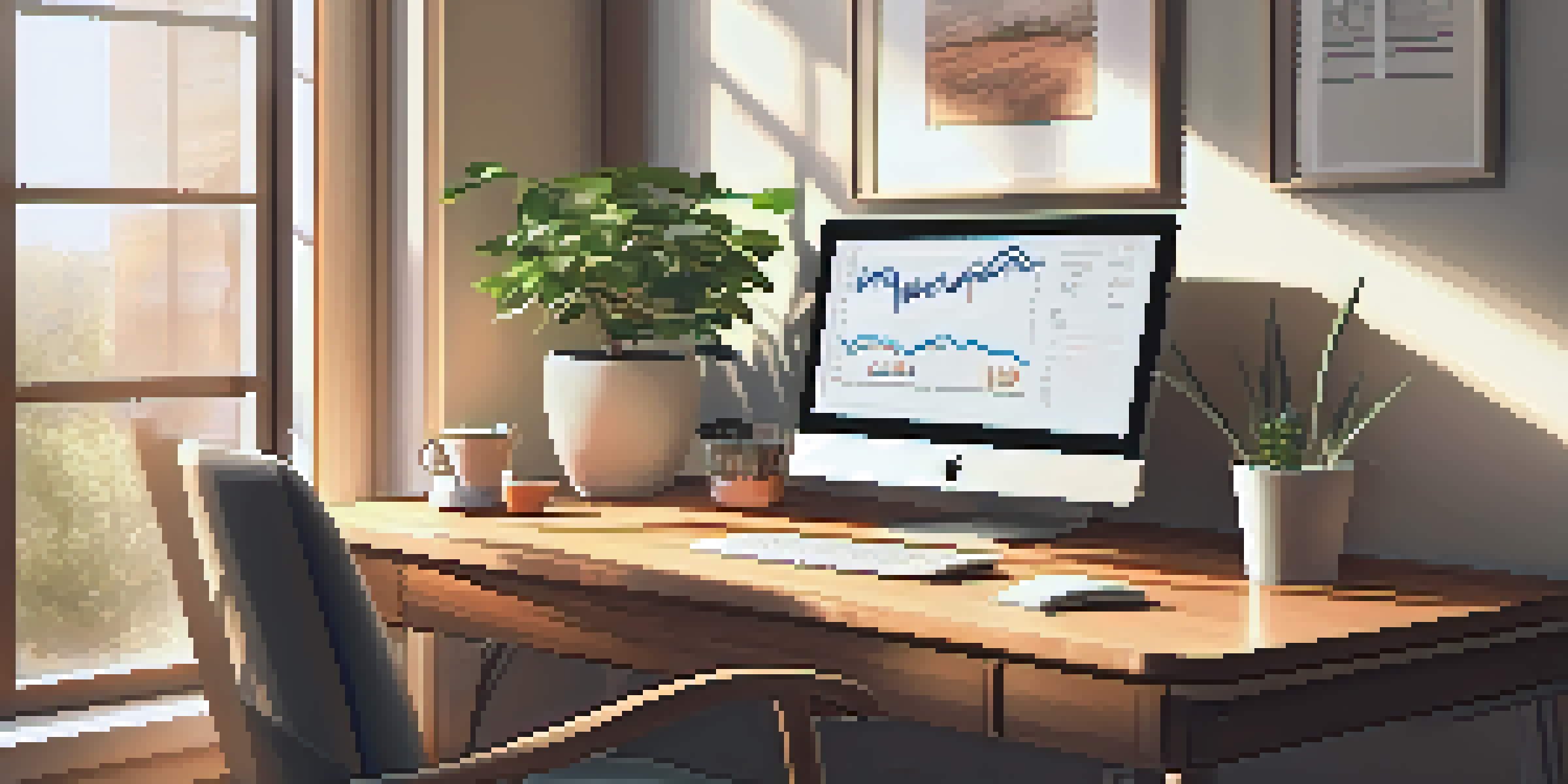 A calm home office with a wooden desk, laptop showing financial charts, a cozy chair, and a potted plant, illuminated by soft morning light.