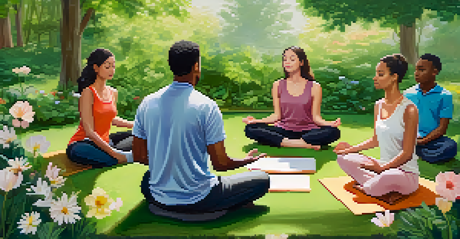 A peaceful park with people meditating in a circle during a mindfulness workshop, surrounded by trees and flowers, promoting mental health and community well-being.