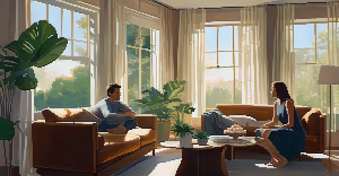 A couple sitting in a warmly lit living room, having a serious conversation, with plants and a cozy atmosphere.