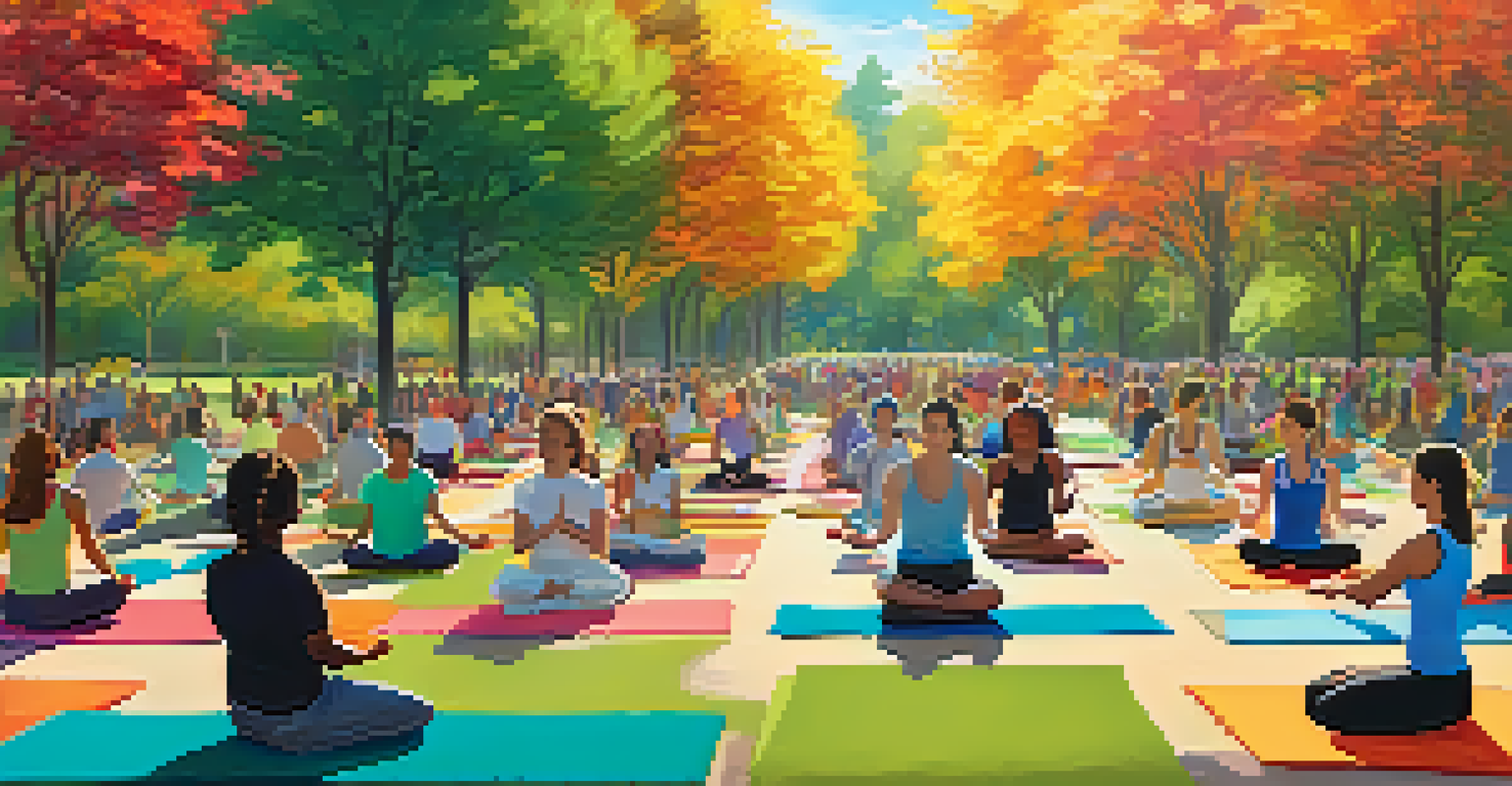 Employees participating in a yoga and mindfulness event in a park, surrounded by trees and colorful mats.