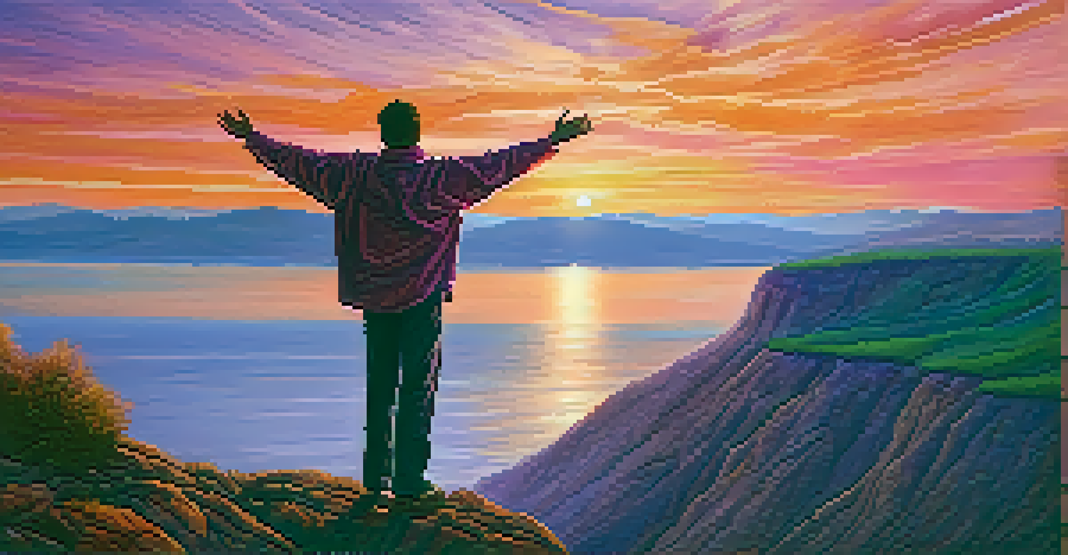 A person standing on a cliff at sunset with arms outstretched, symbolizing hope and resilience.