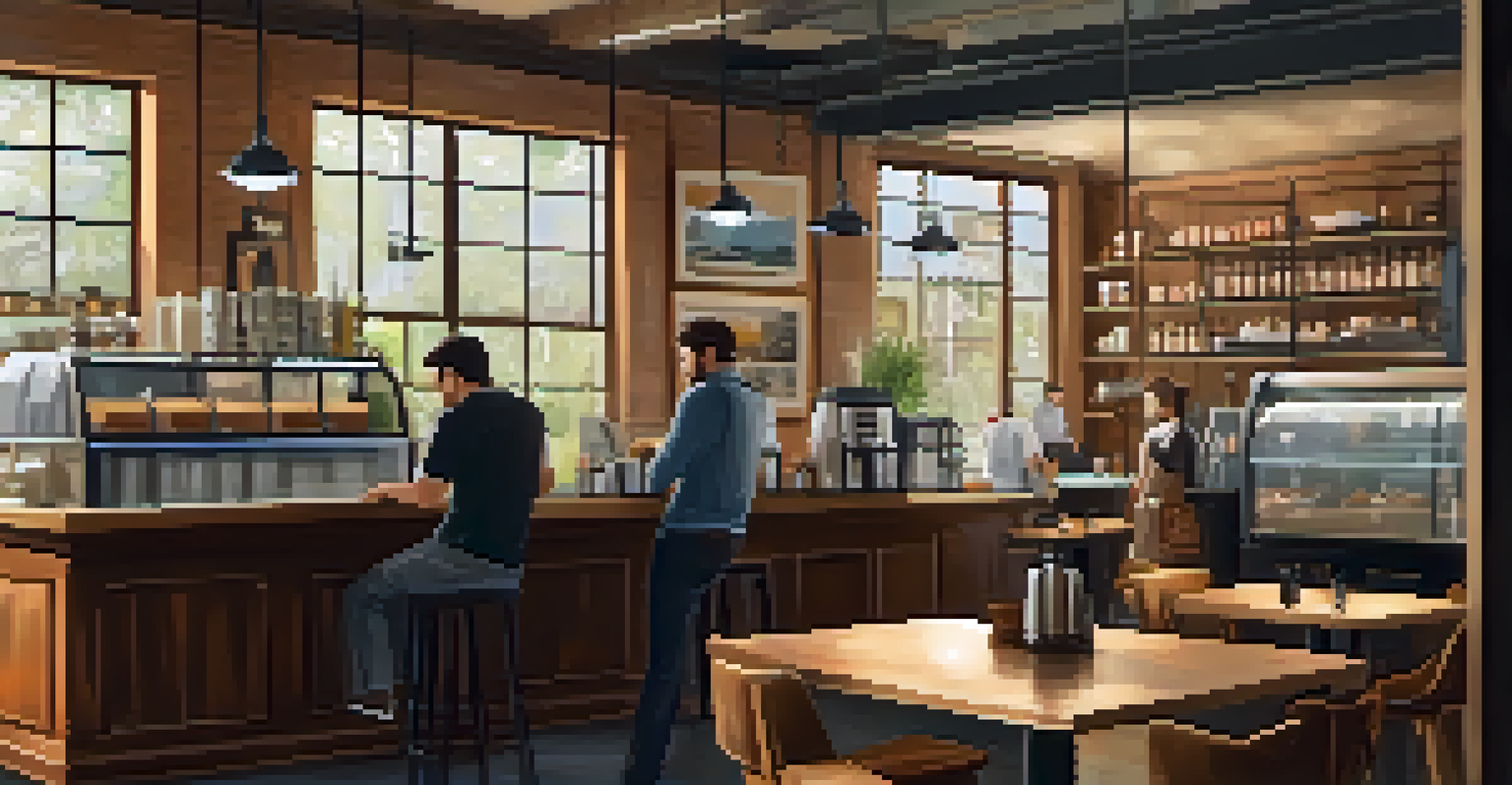 A cozy coffee shop interior with wooden furniture, bright windows, and a barista preparing coffee.