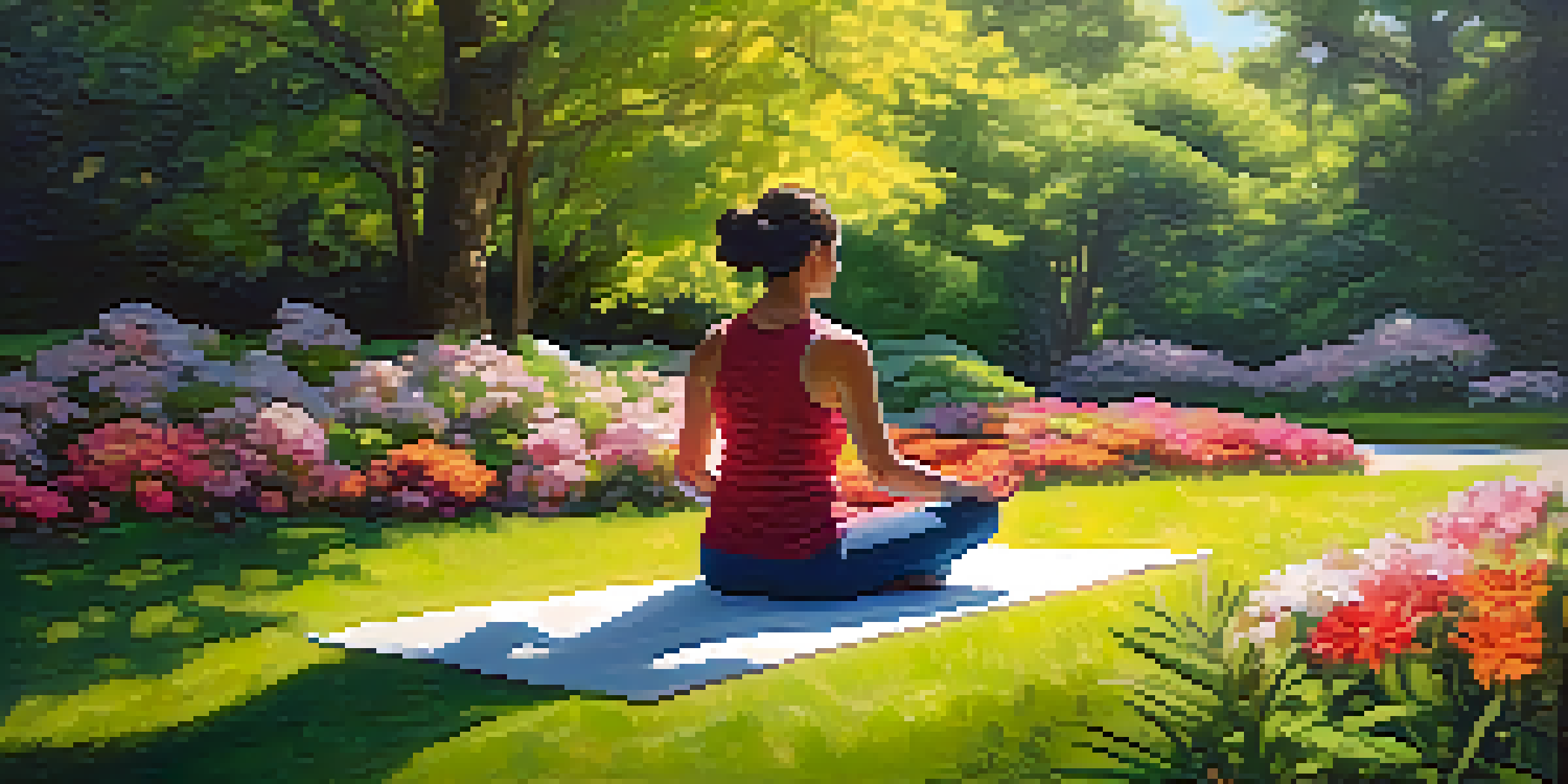 A person meditating in a peaceful park surrounded by greenery and flowers, with sunlight filtering through the leaves.