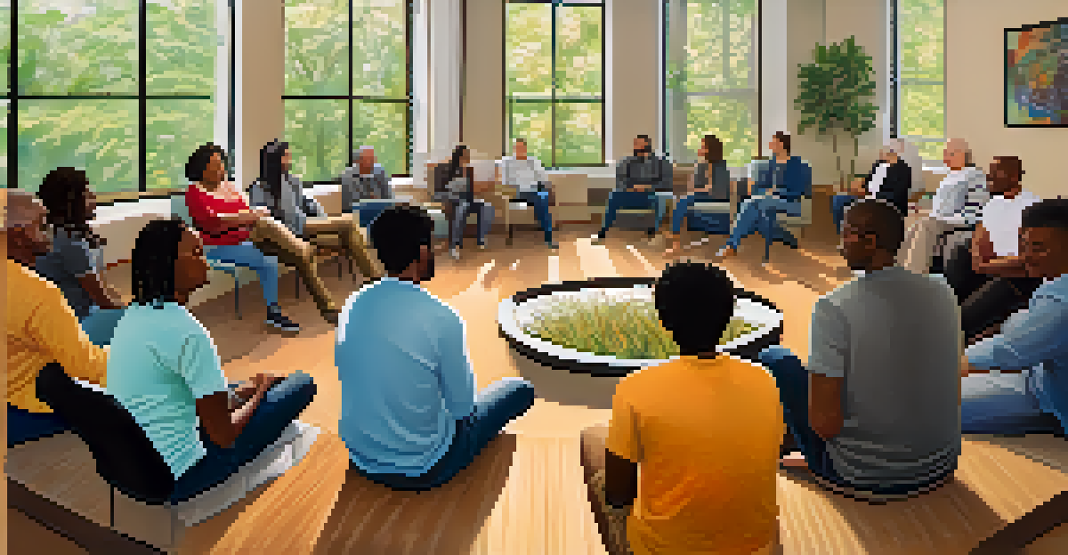 A diverse group of individuals sitting in a circle in a community forum room, engaging in a discussion about addiction recovery with warm lighting and cultural artwork.