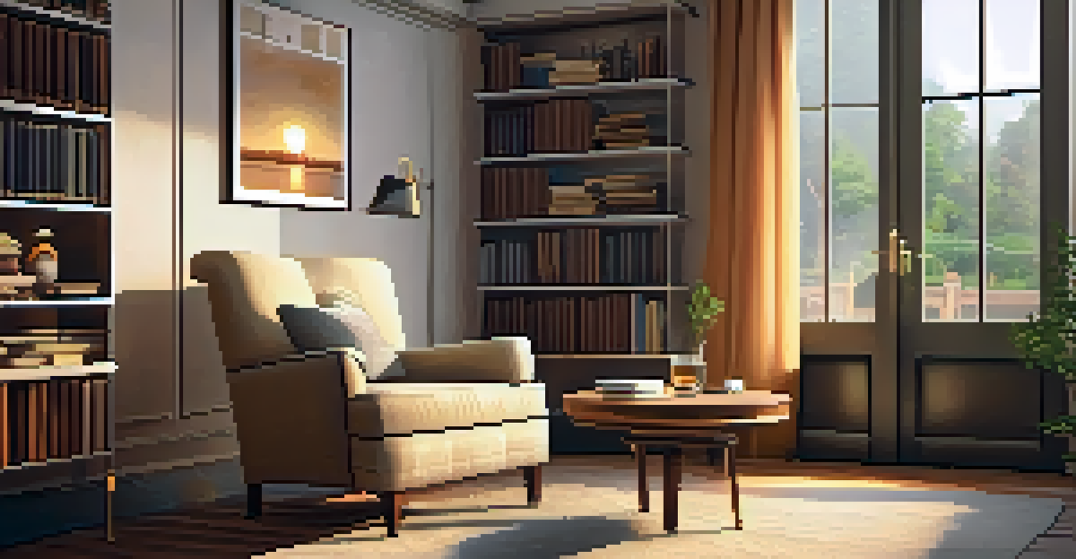 A cozy therapy room with an armchair, soft lighting, and motivational quotes on the wall.