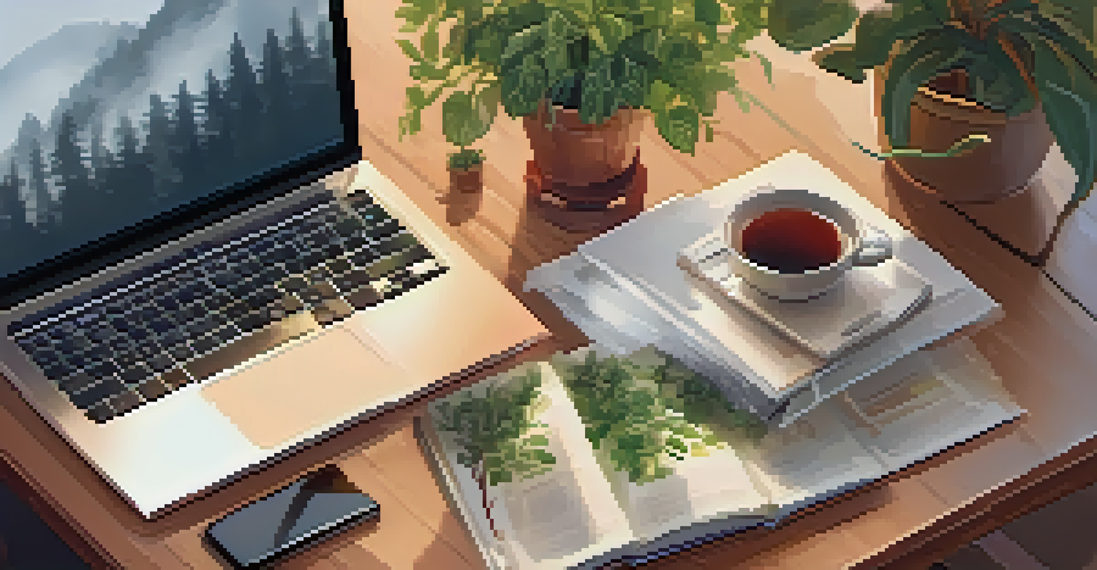 An overhead view of a cozy workspace with a laptop showing a recovery support group video call, a mug of tea, and a small plant.
