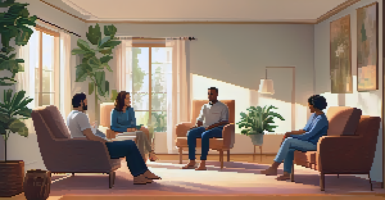 A family therapy session with members sitting in a circle, engaged in conversation with a therapist.