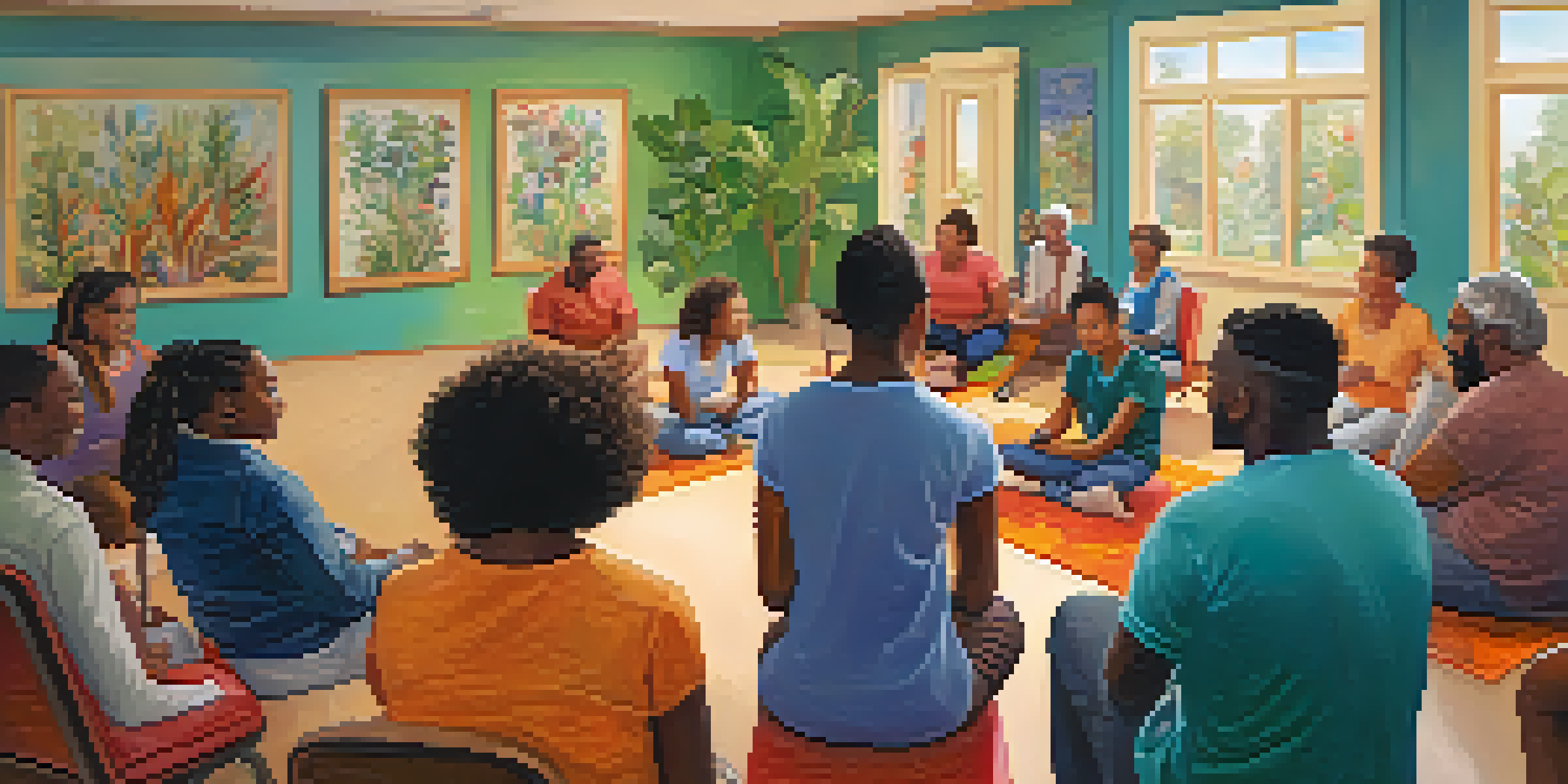 A diverse group of individuals sitting in a circle at a community center, participating in a support group session, surrounded by plants and artwork.