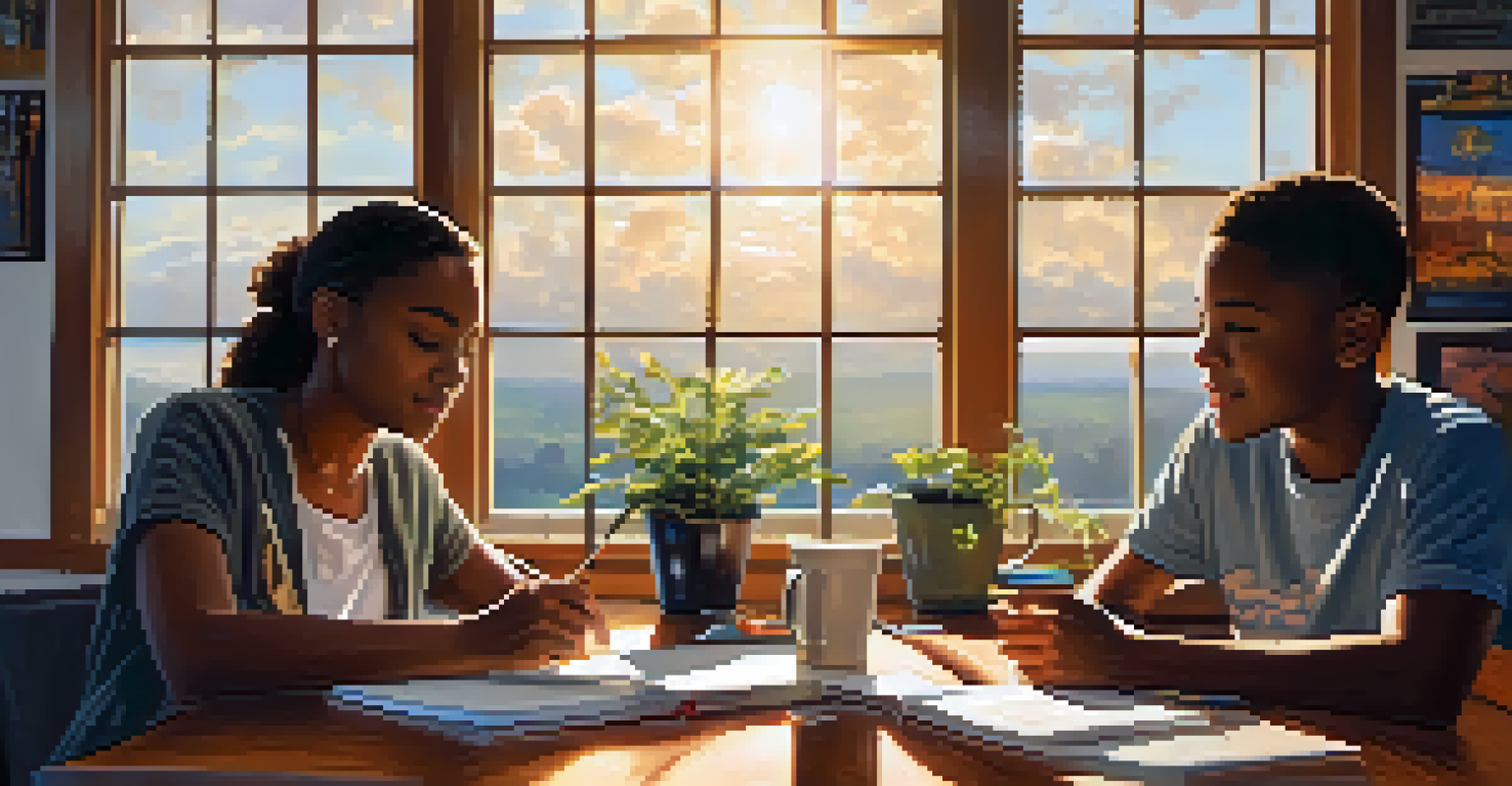 A mentor and mentee working together at a table with notepads and coffee, discussing goals in a bright room.