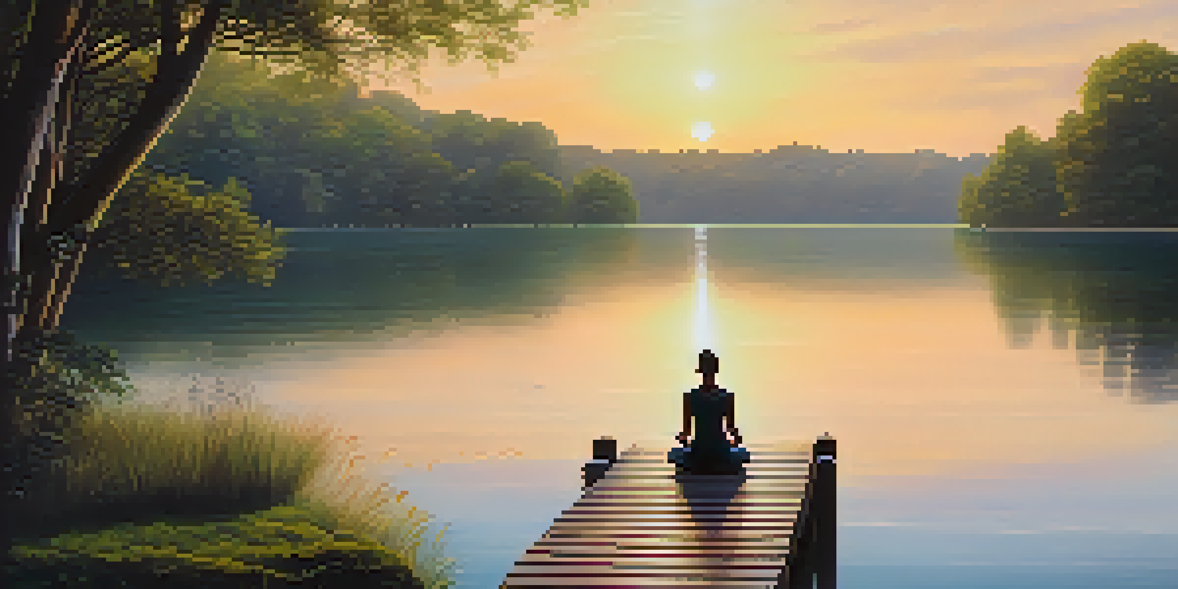 A person meditating on a dock at sunrise by a calm lake, surrounded by green forests and birds in the sky.