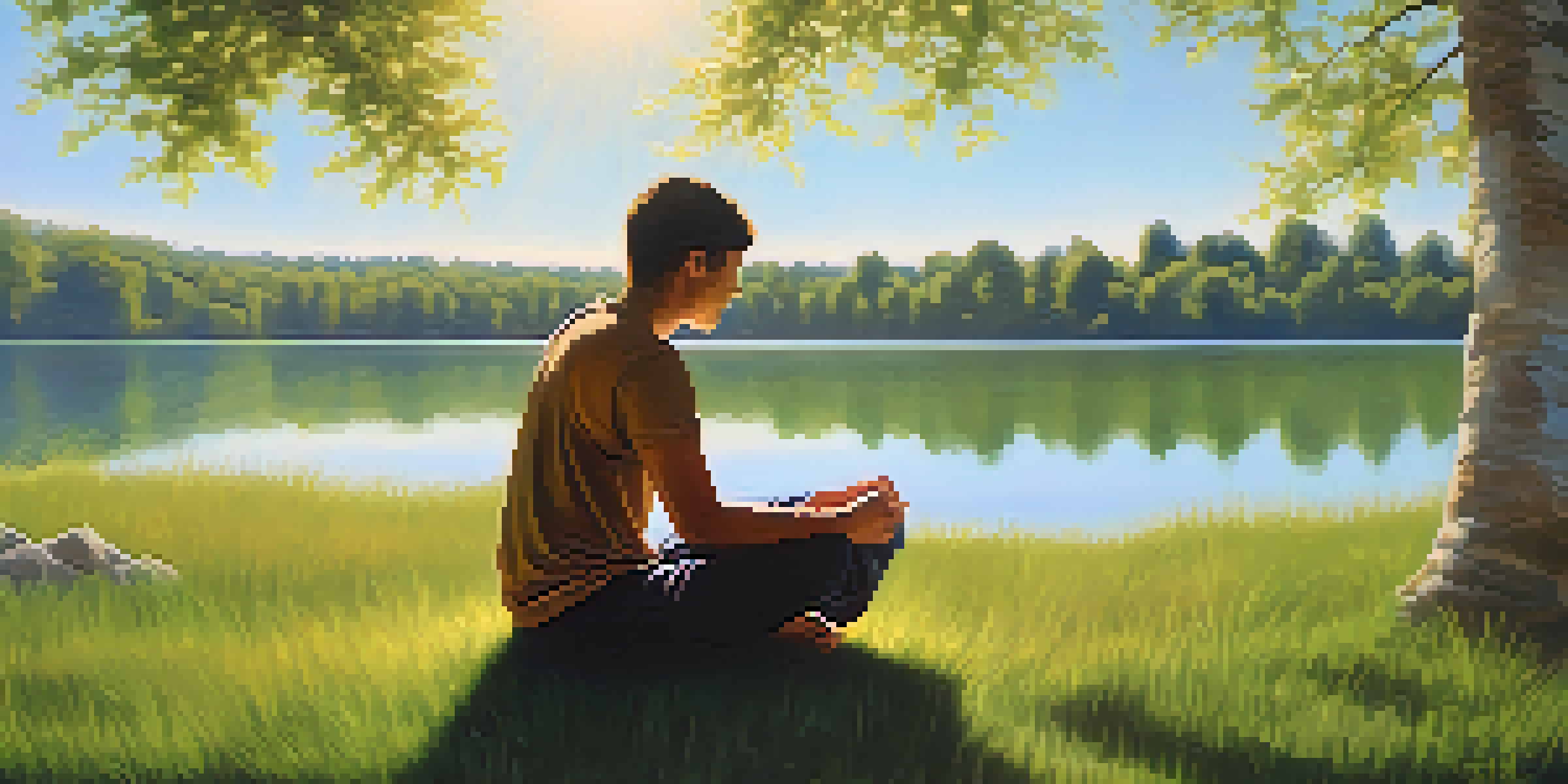 A person meditating on a grassy meadow by a calm lake, surrounded by trees under soft sunlight.