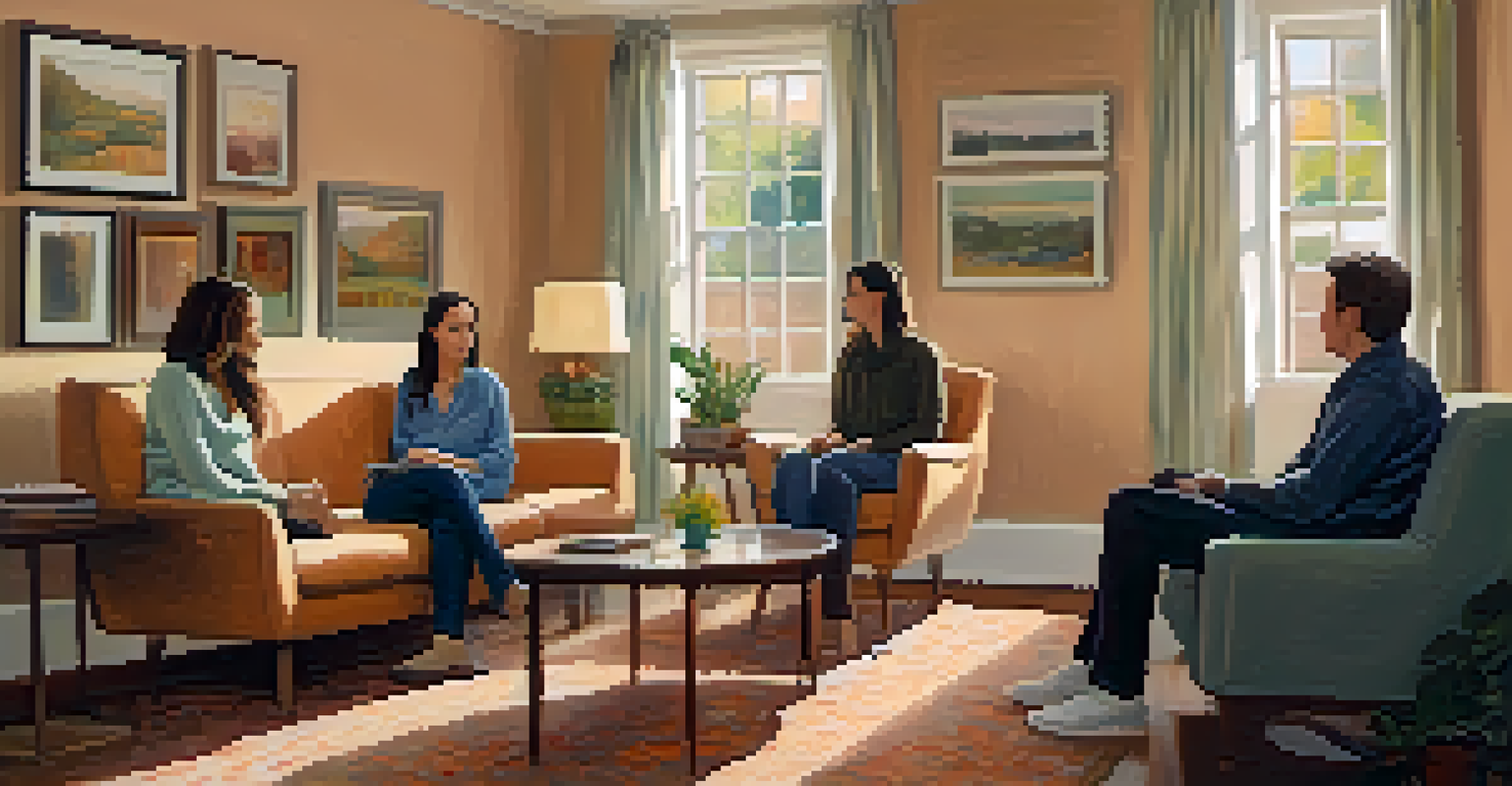 A family engaged in a therapy session with a therapist in a cozy and softly lit room.
