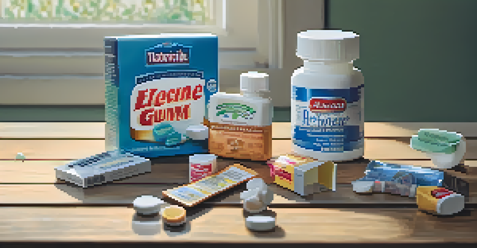 A collection of nicotine replacement therapy products like gum, patches, and lozenges on a wooden table with natural light.