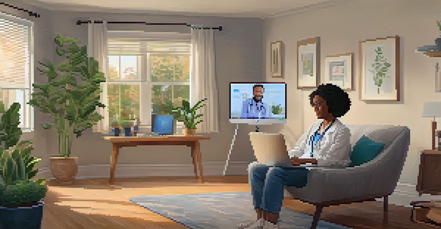A patient participating in a telehealth consultation at home, interacting with a friendly healthcare provider on a laptop in a cozy setting.