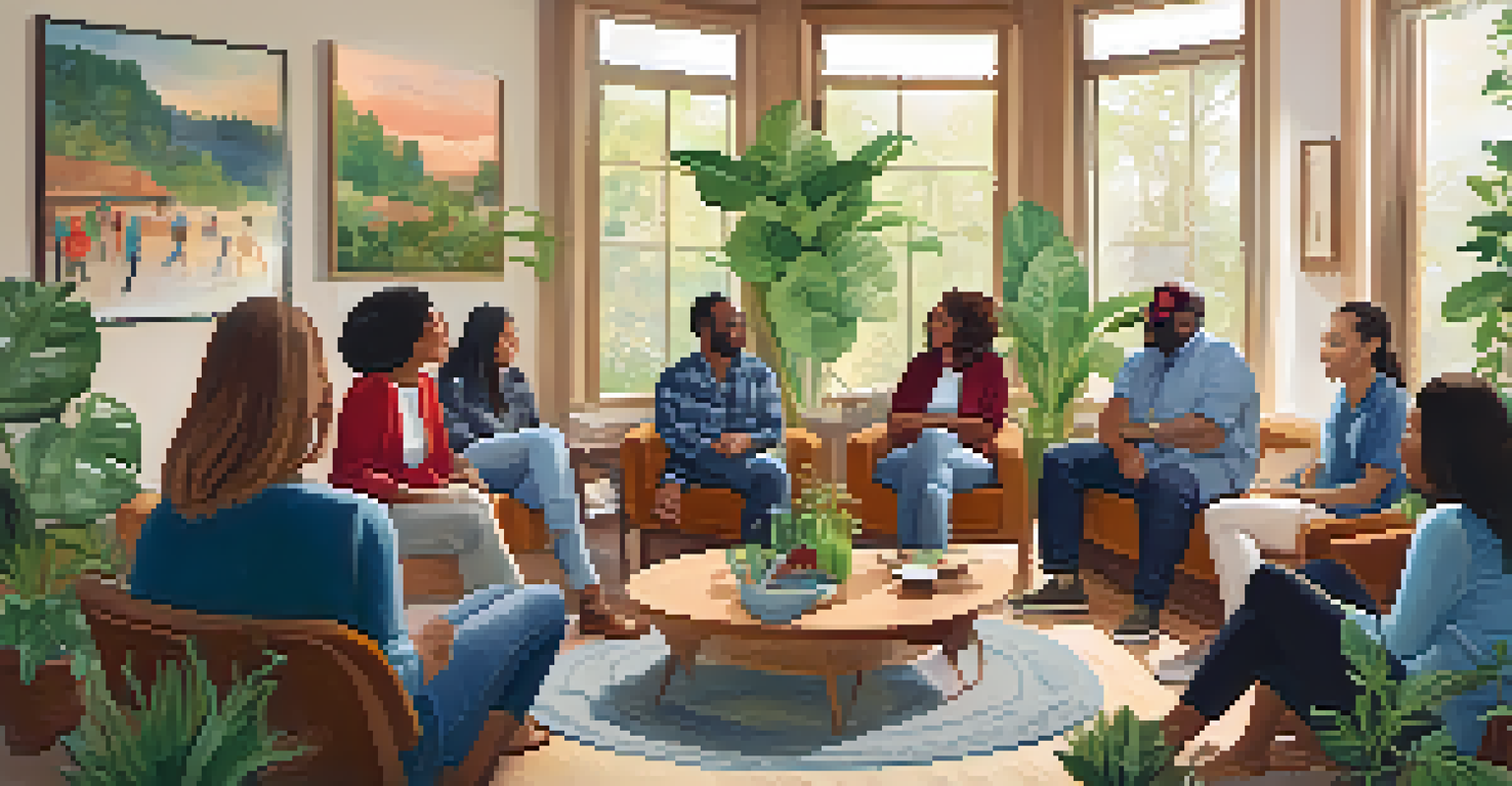 A diverse group of individuals in a supportive circle sharing stories in a cozy space.