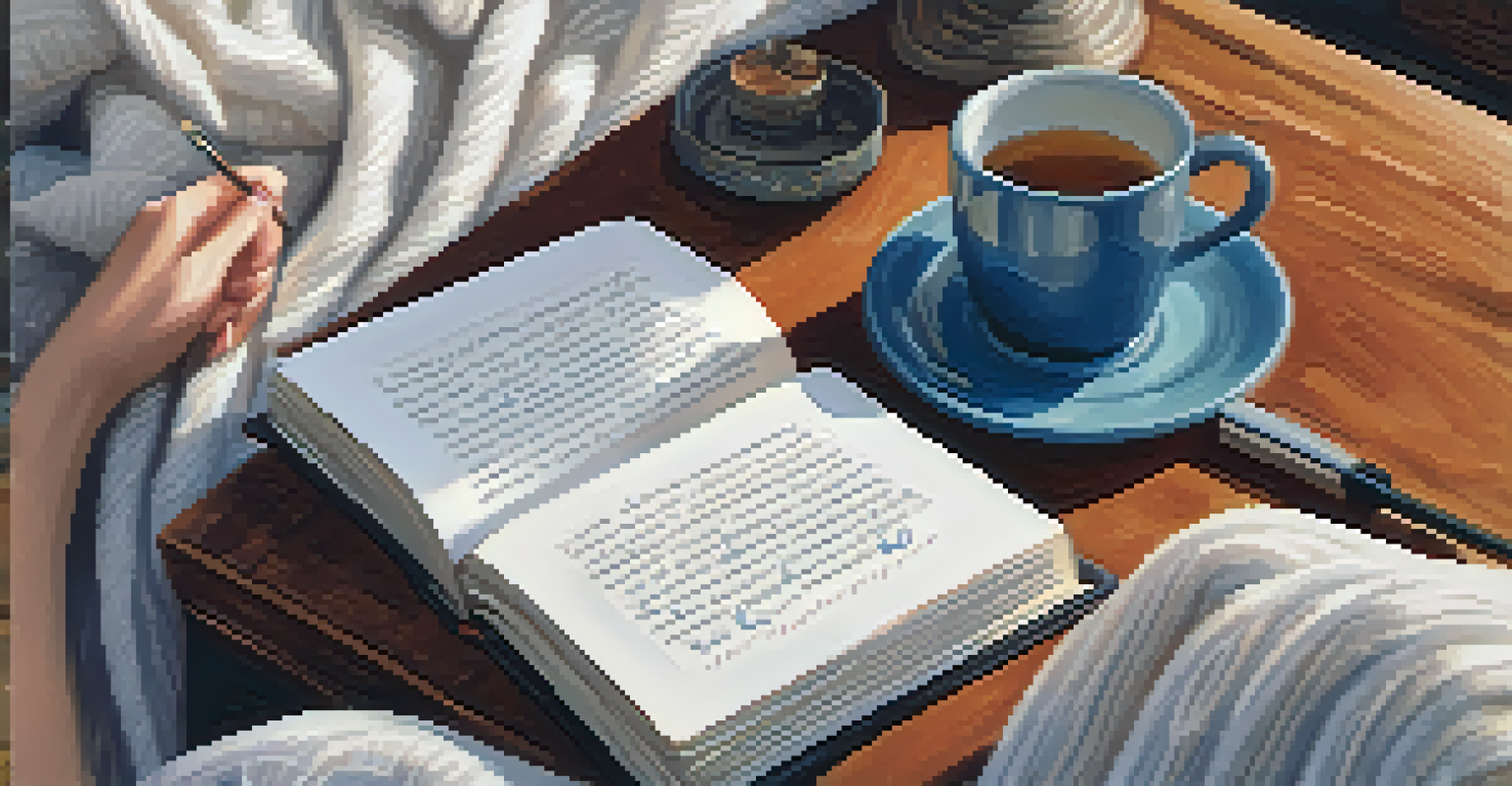 A person's hands holding an open journal filled with reflections in a cozy setting.