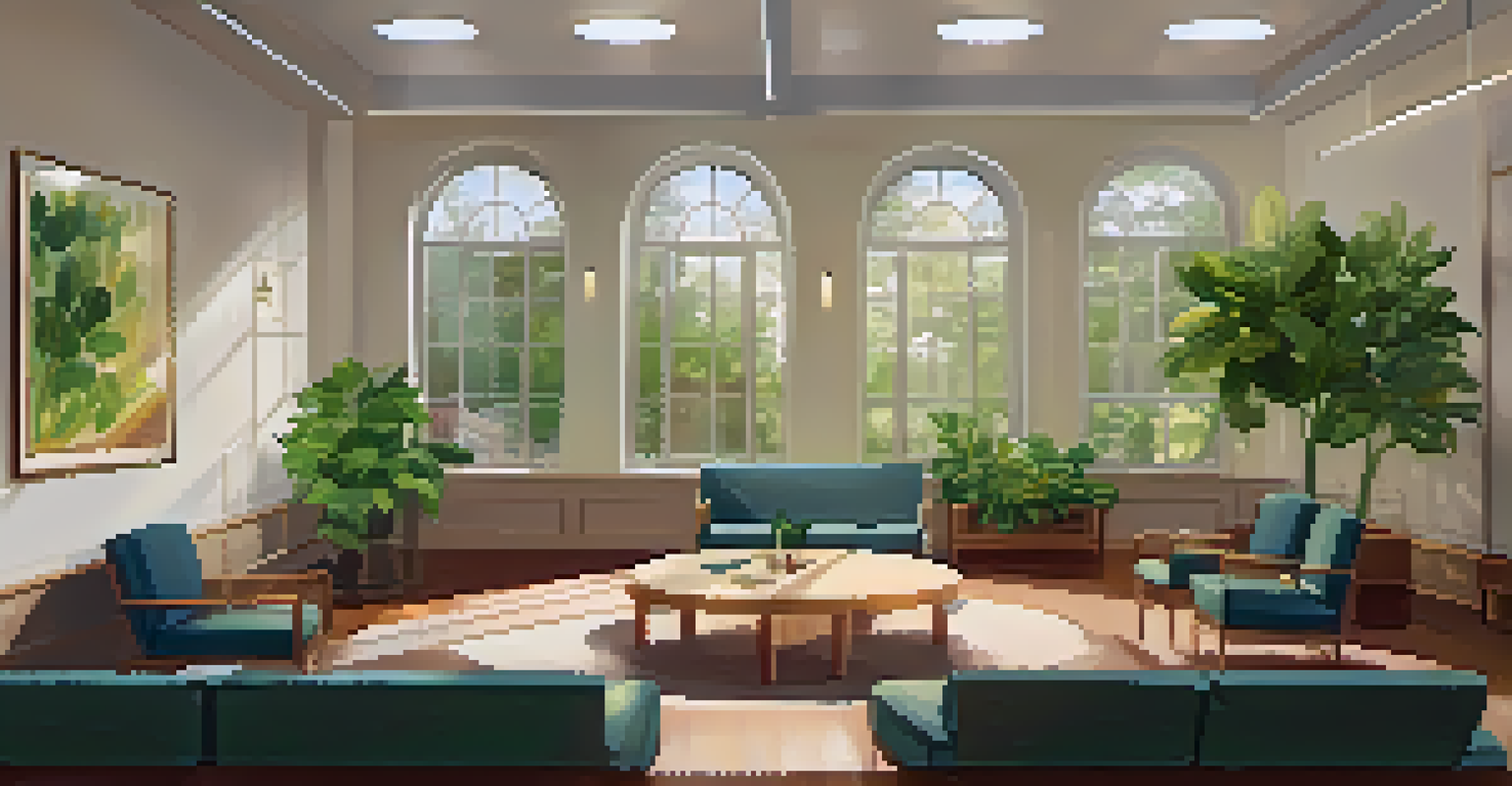 An inviting indoor space with comfortable seating arranged in a circle for a peer support meeting, featuring soft lighting and plants.