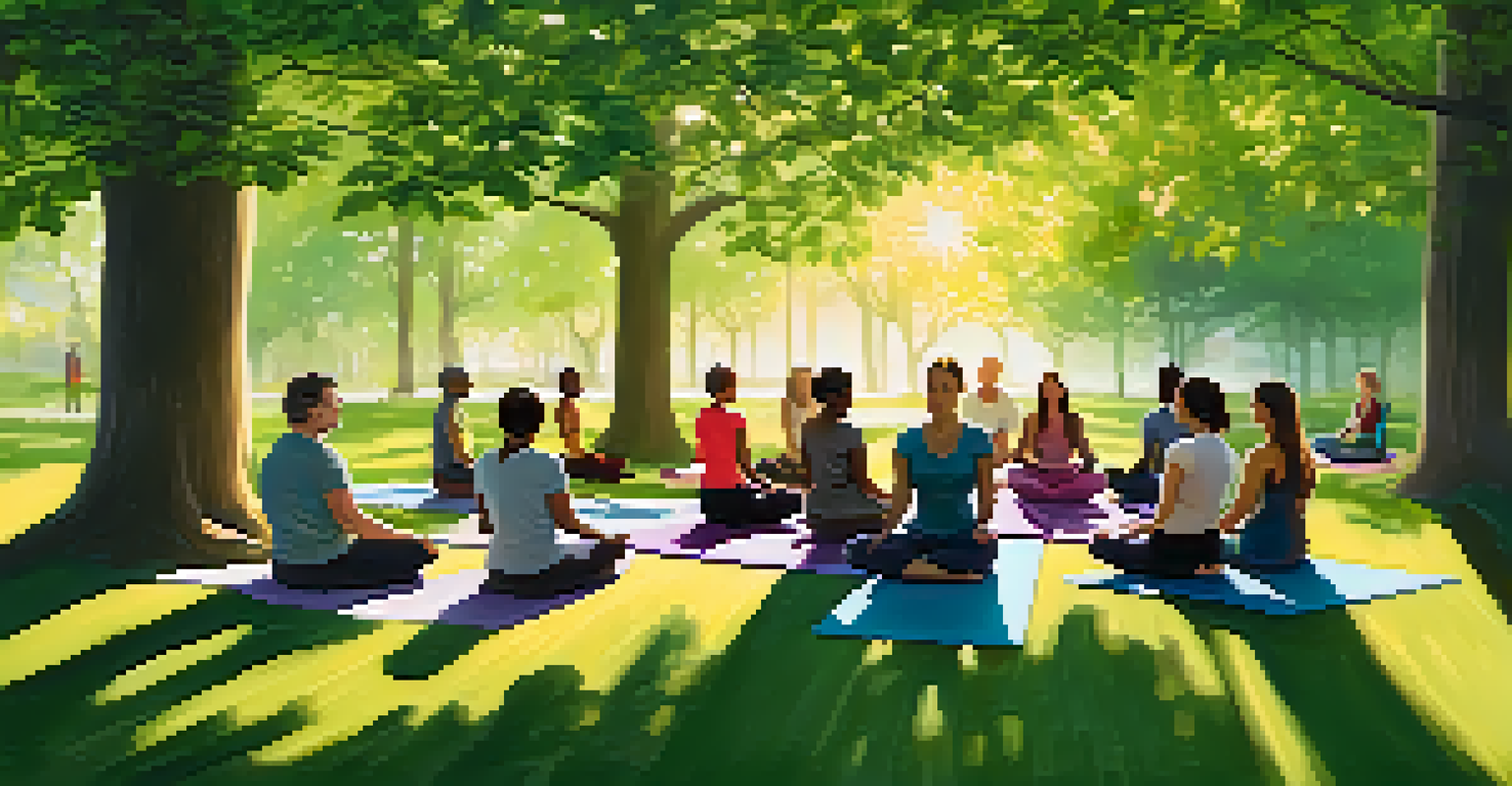 A group of people in a park participating in a mindfulness therapy session surrounded by nature.