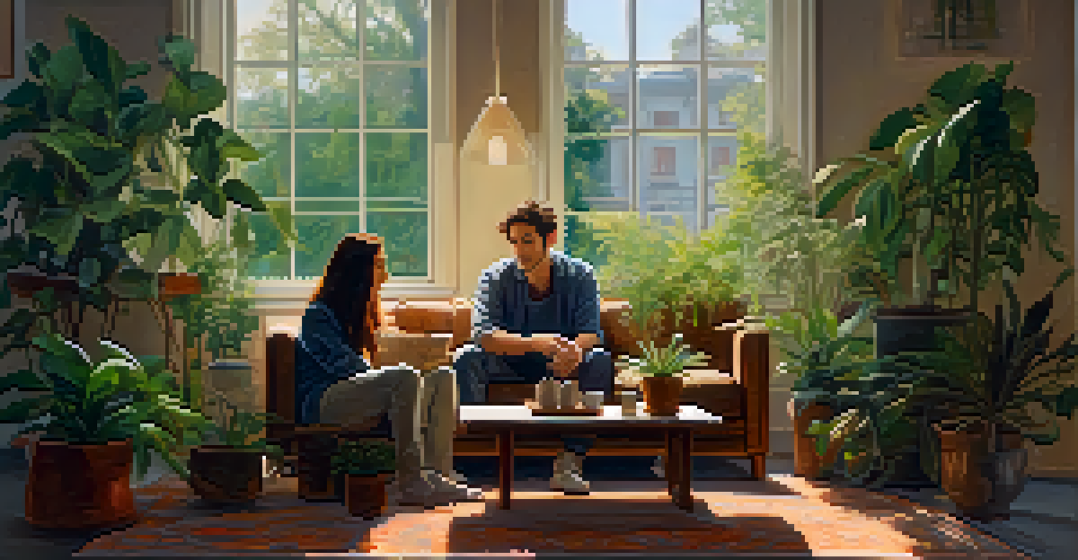 Two friends sitting on a couch, having a heartfelt conversation in a cozy and warm setting.