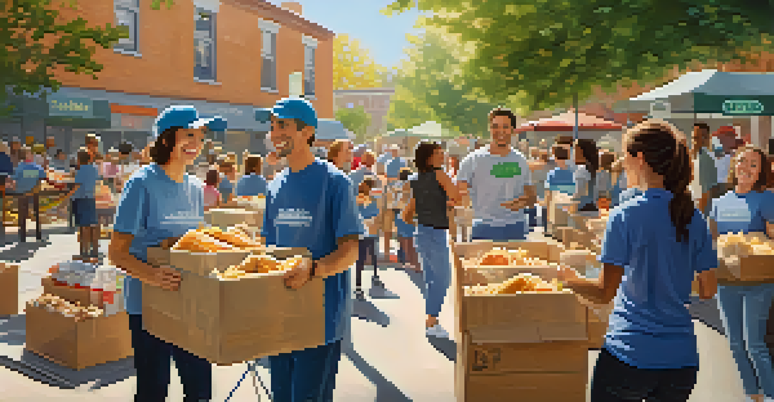 Volunteers smiling and distributing food boxes to families at a community food drive in a sunny outdoor setting.