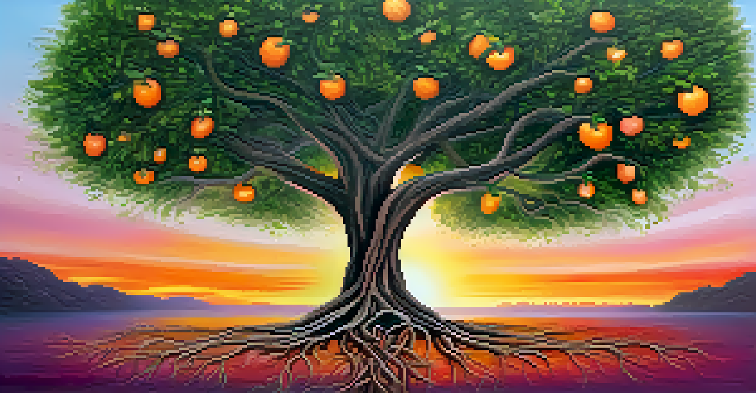 A tree with roots intertwined with words like 'healing' and 'empathy', set against a vibrant sunset background symbolizing hope and resilience.