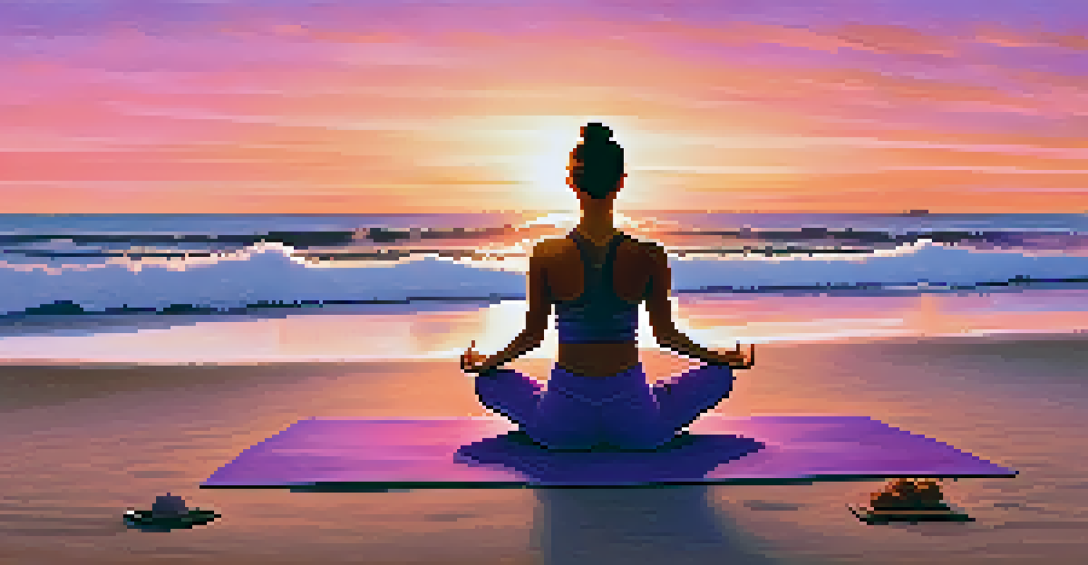 A person practicing yoga on a beach at sunrise, with colorful skies and gentle waves creating a peaceful ambiance.