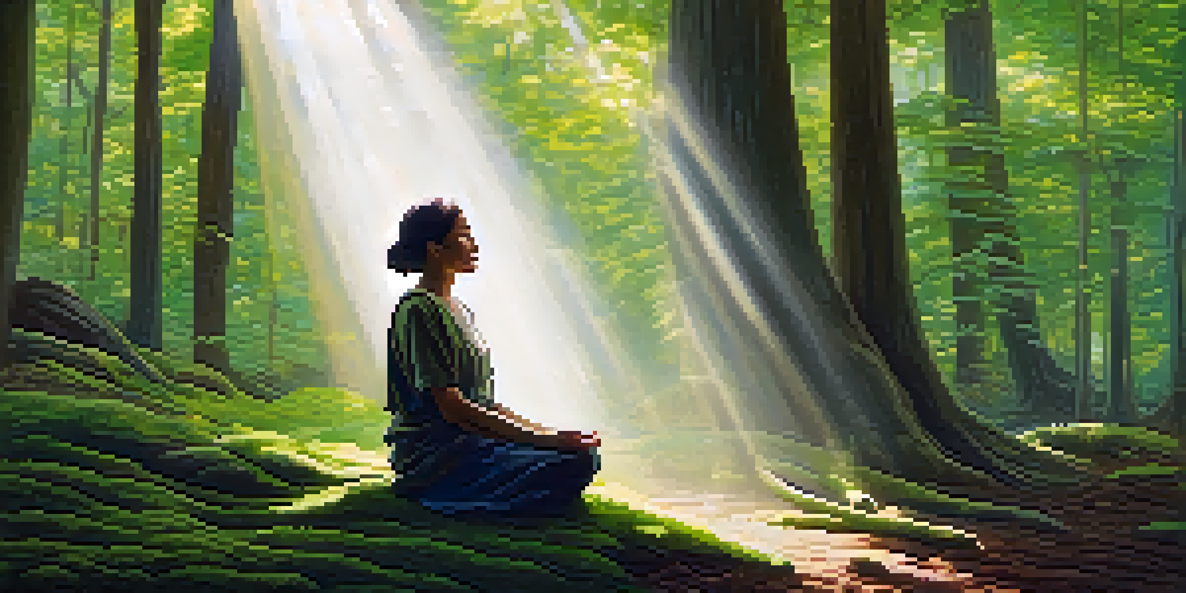 A person meditating in a sunlit forest, surrounded by tall trees and soft moss, with gentle rays of light filtering through the leaves.