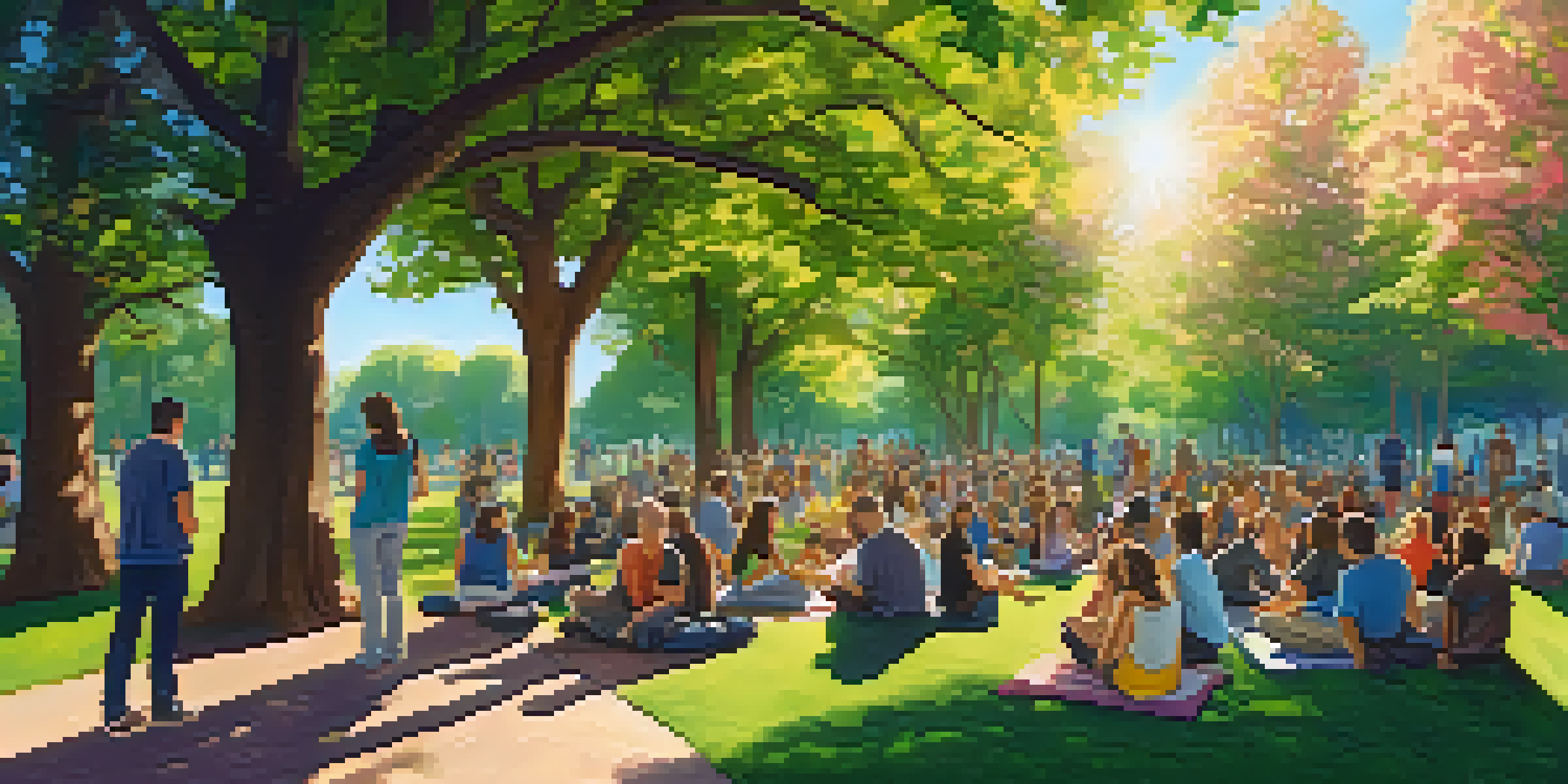 A diverse group of people in a park sharing stories about addiction recovery, surrounded by greenery and sunlight.