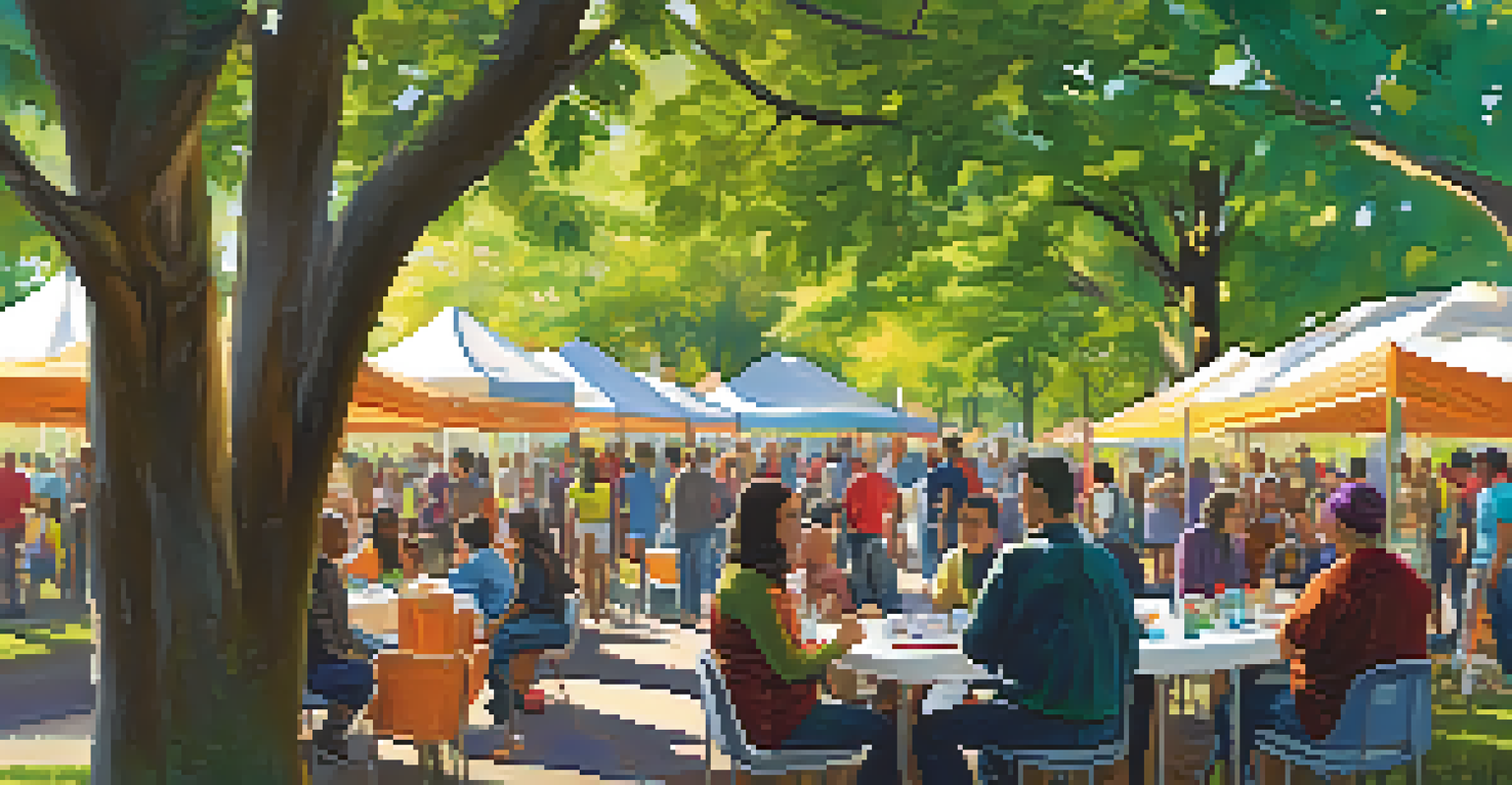 A diverse group of people in a park discussing addiction awareness, with colorful banners and sunlight shining through trees.