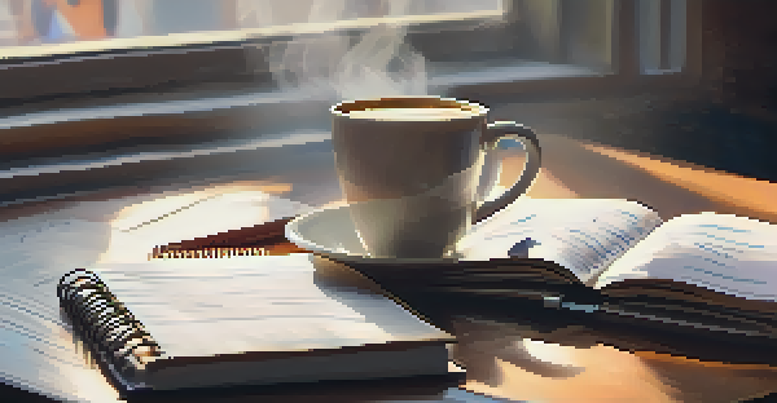 A close-up of an open notebook with handwritten notes on addiction awareness, with a cup of coffee and a soft-focus cozy workspace in the background.