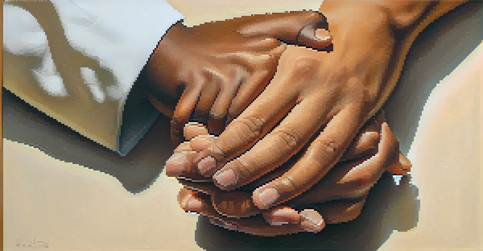Close-up of two diverse hands clasped together, symbolizing support and empathy.