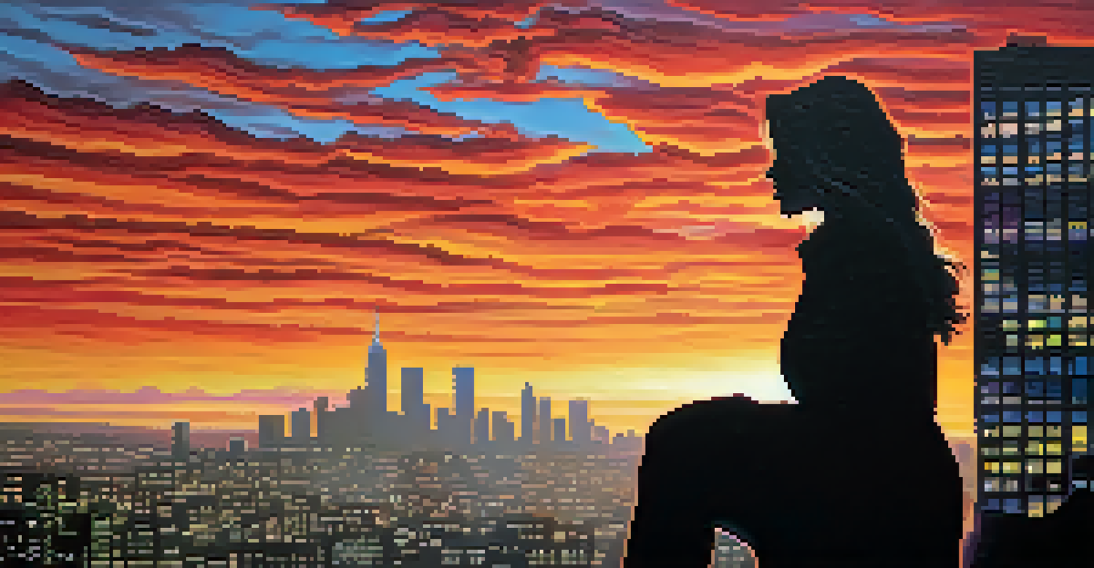 A silhouette of a celebrity against a vibrant city skyline at dusk, symbolizing hope and recovery.