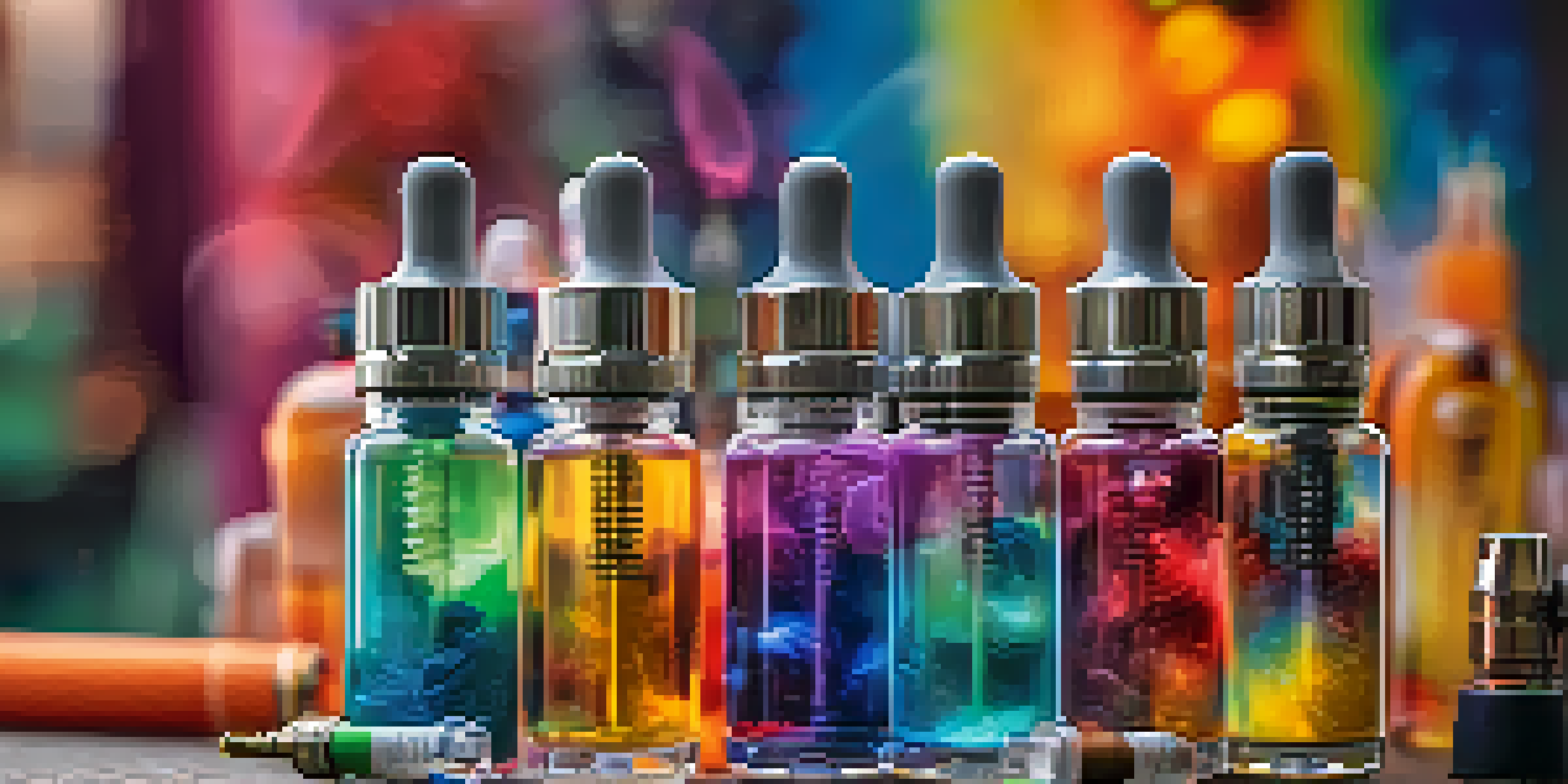 A colorful e-cigarette device next to various flavored e-liquids on a table, set against a blurred urban background.